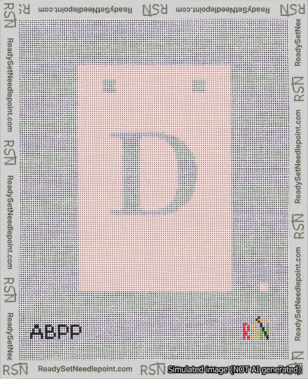 A taped needlepoint canvas with the design: Banner 18 mesh count Squared D White on Pink.