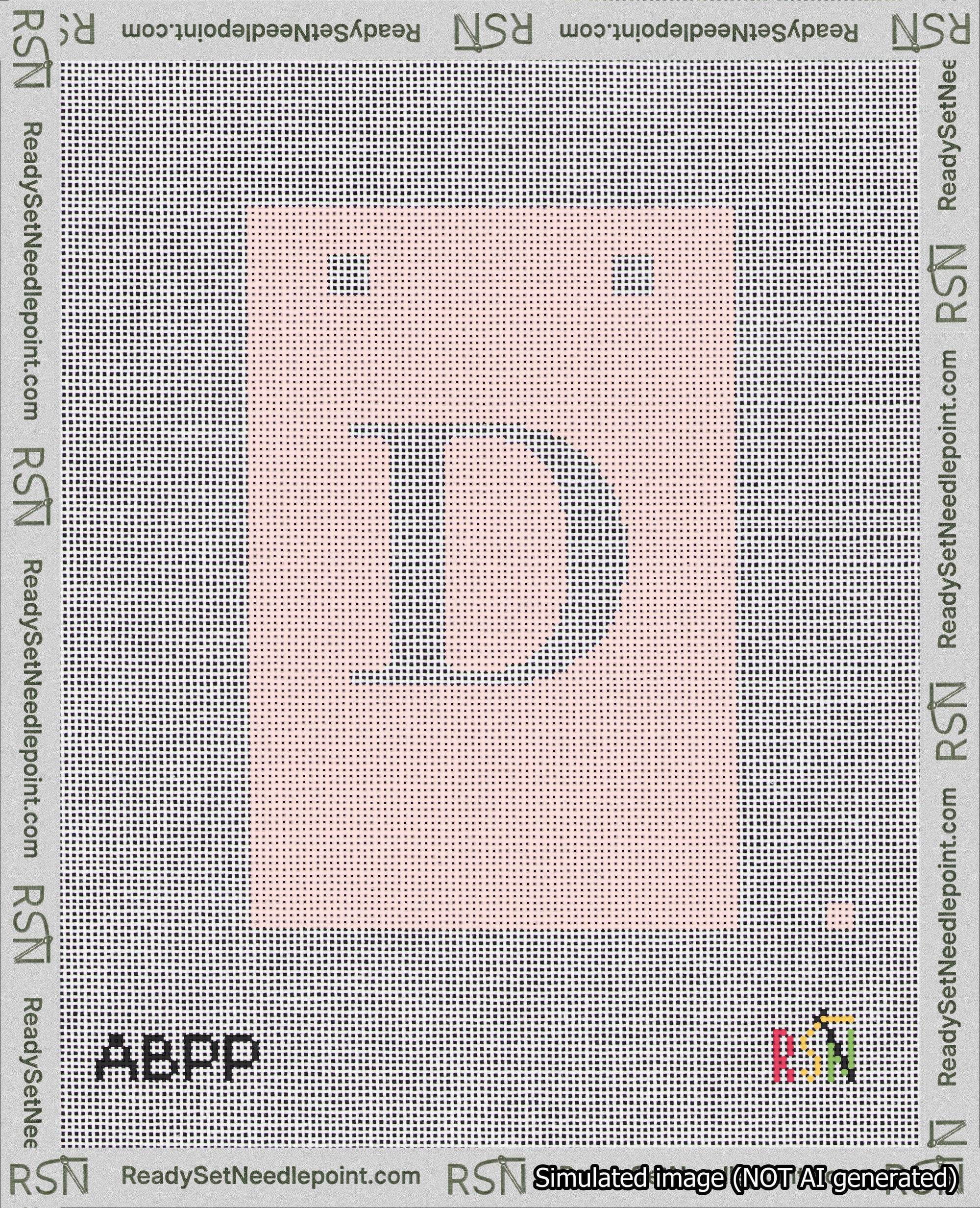 A taped needlepoint canvas with the design: Banner 18 mesh count Squared D White on Pink.