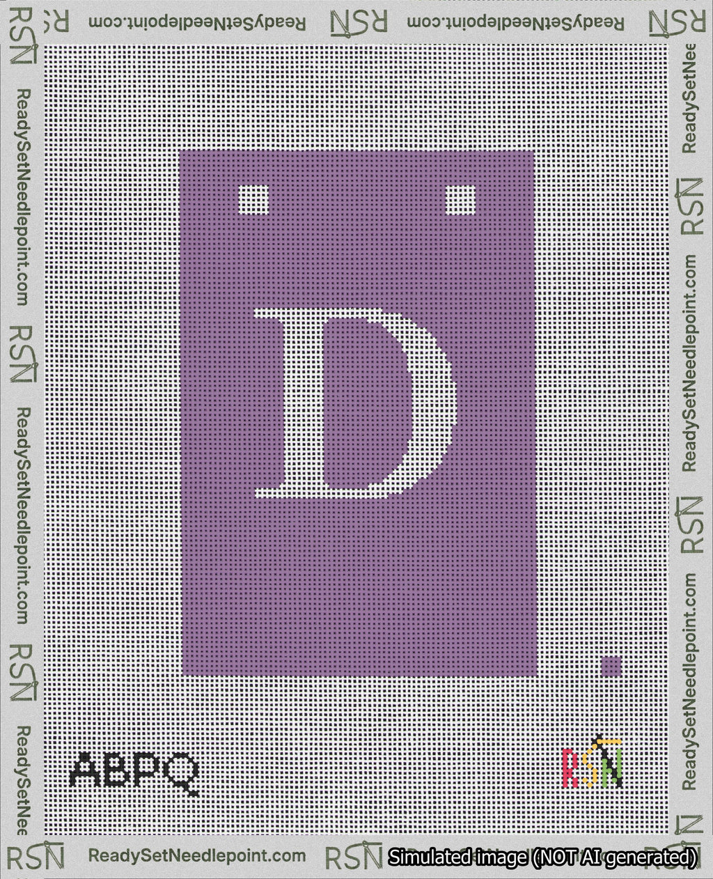 A taped needlepoint canvas with the design: Banner 18 mesh count Squared D White on Purple.