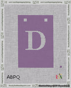 A taped needlepoint canvas with the design: Banner 18 mesh count Squared D White on Purple.