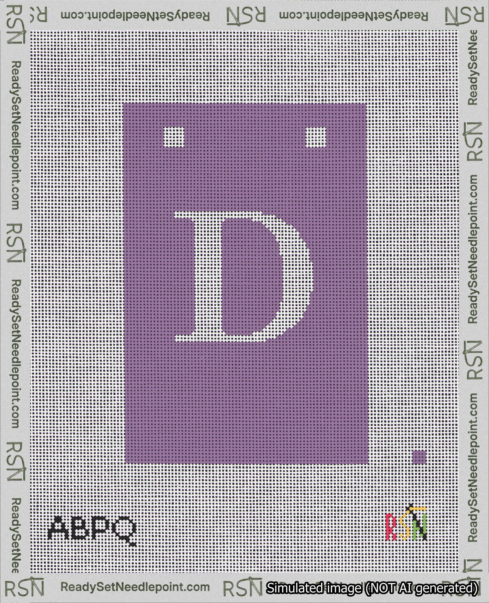 A taped needlepoint canvas with the design: Banner 18 mesh count Squared D White on Purple.