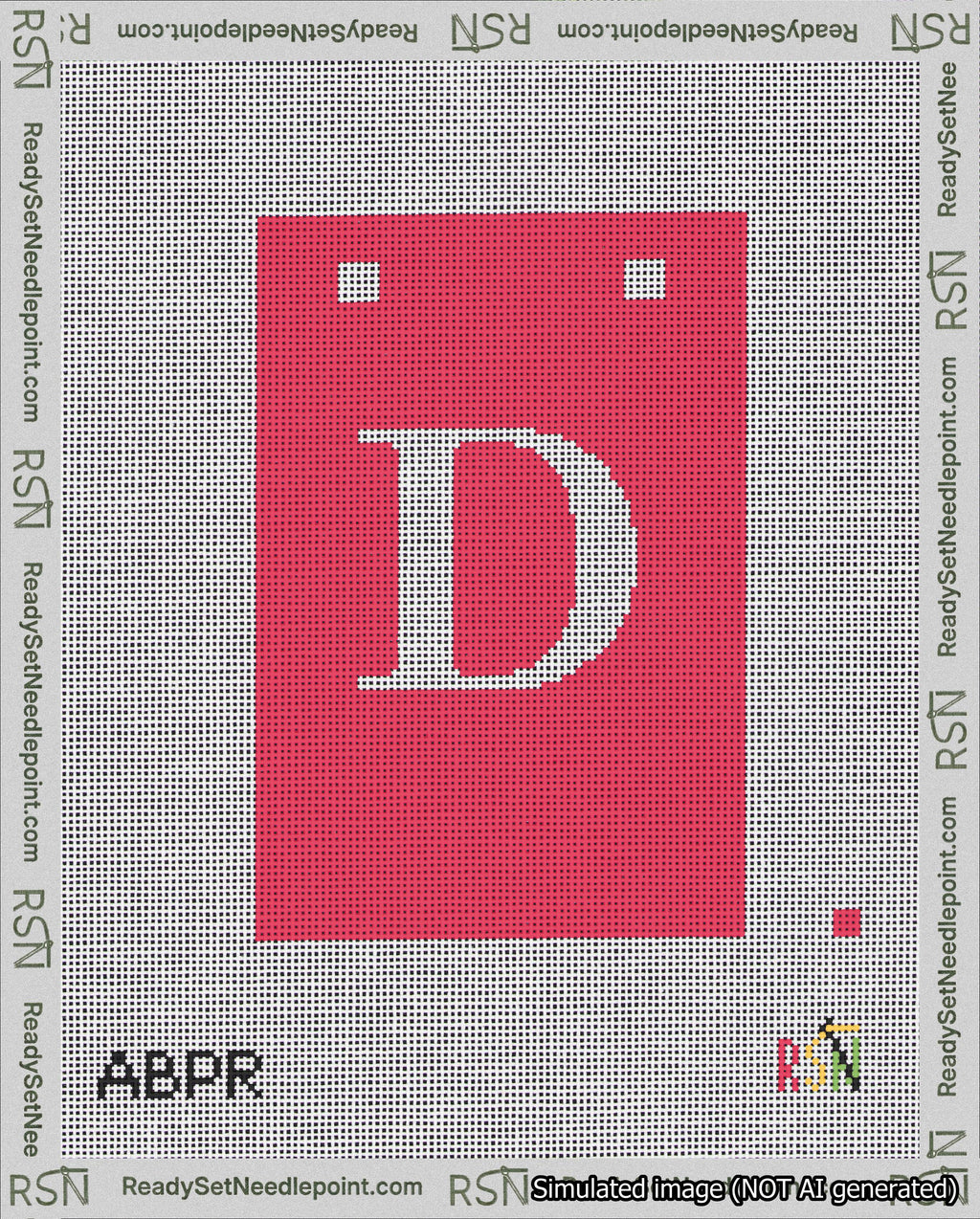 A taped needlepoint canvas with the design: Banner 18 mesh count Squared D White on Red.
