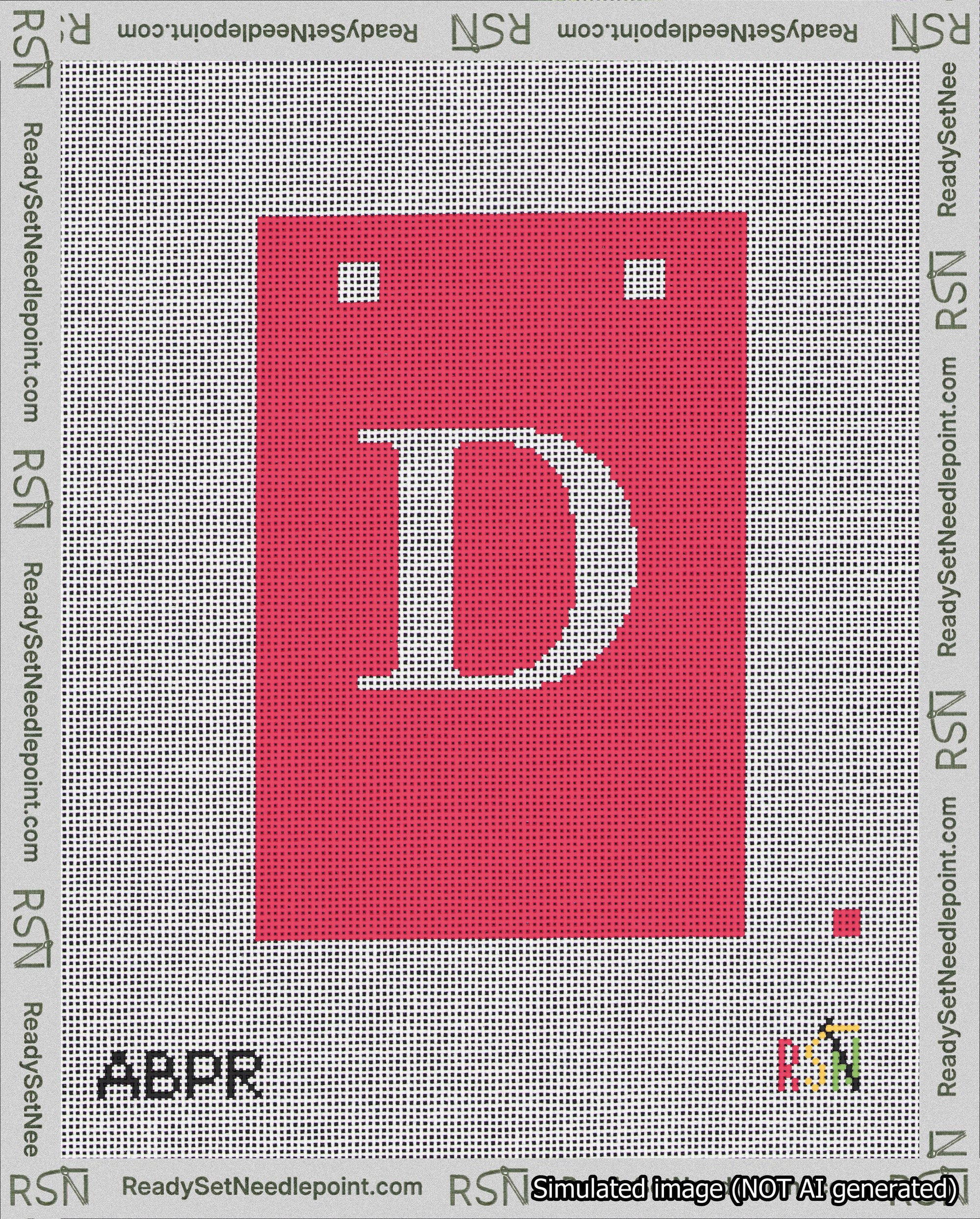 A taped needlepoint canvas with the design: Banner 18 mesh count Squared D White on Red.