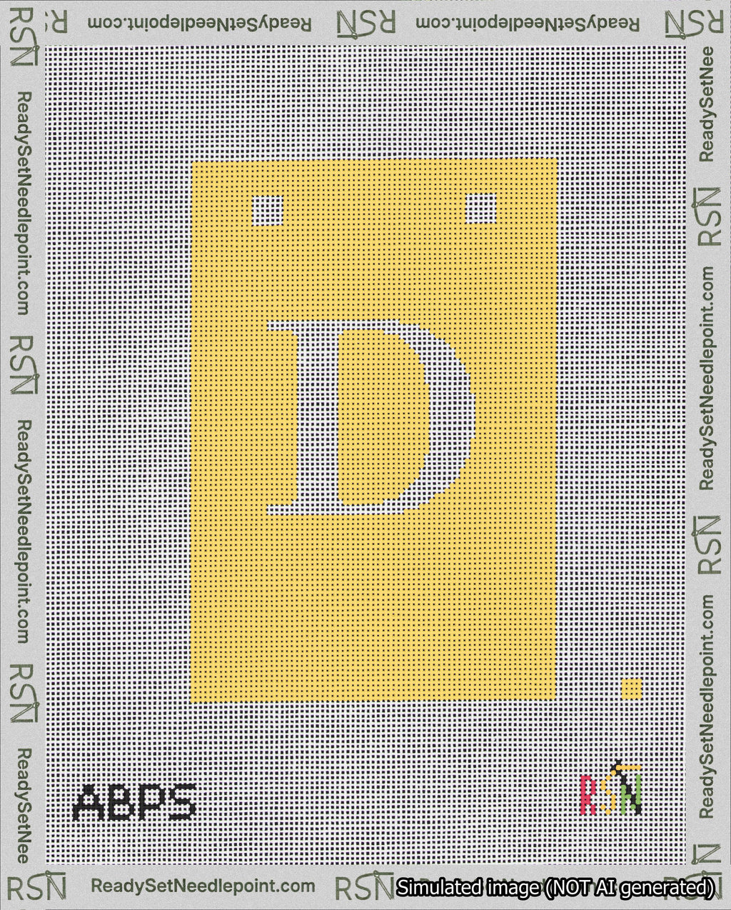 A taped needlepoint canvas with the design: Banner 18 mesh count Squared D White on Yellow.