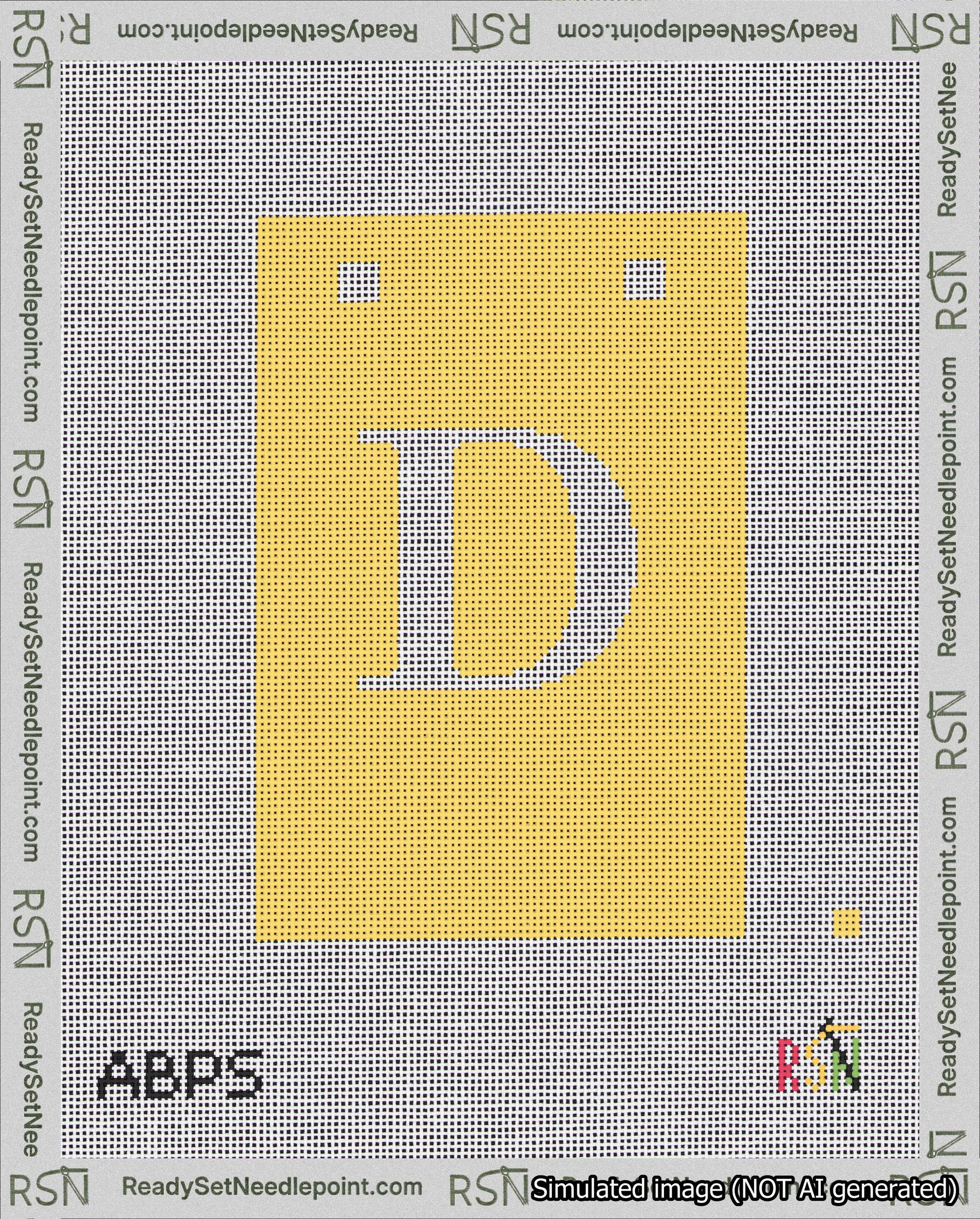 A taped needlepoint canvas with the design: Banner 18 mesh count Squared D White on Yellow.