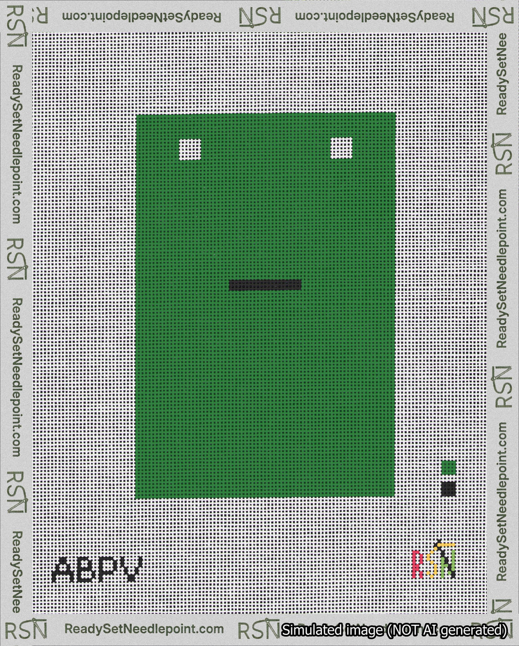 A taped needlepoint canvas with the design: Banner 18 mesh count Squared Dash Black on Green.
