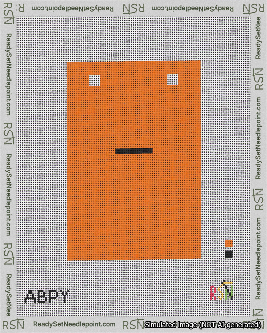 A taped needlepoint canvas with the design: Banner 18 mesh count Squared Dash Black on Orange.