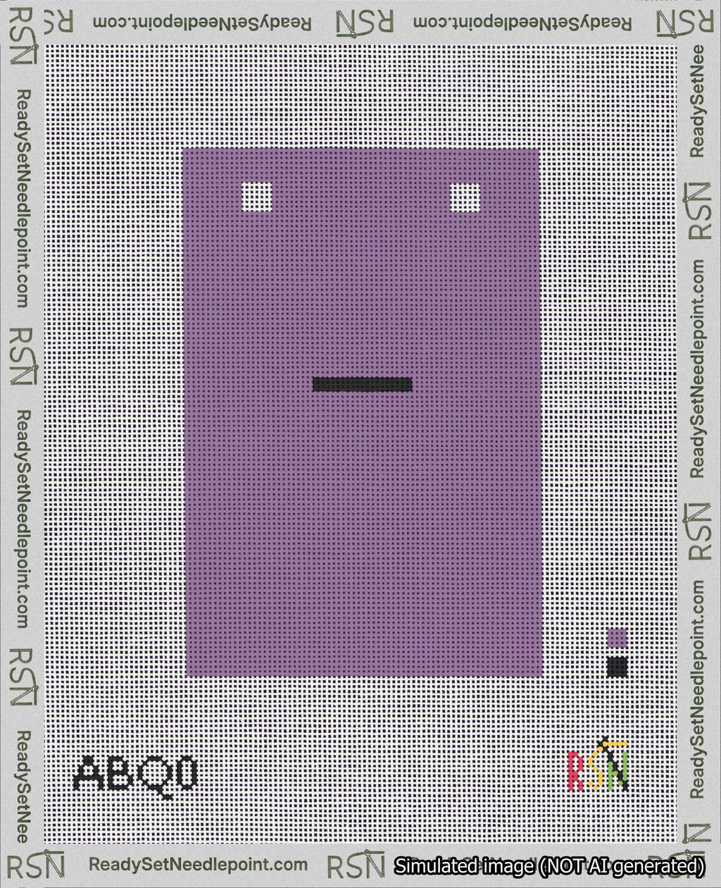 A taped needlepoint canvas with the design: Banner 18 mesh count Squared Dash Black on Purple.