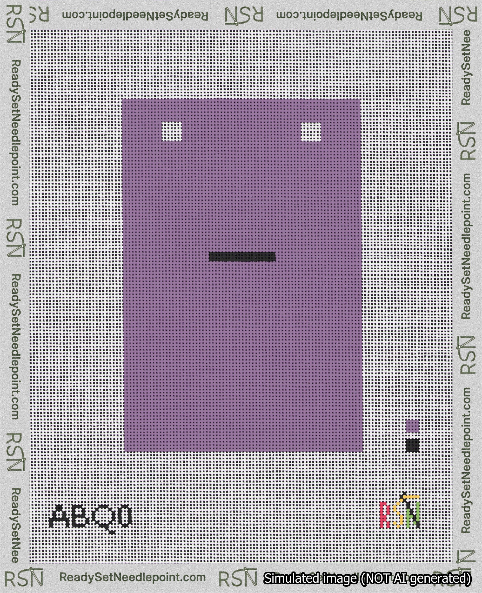 A taped needlepoint canvas with the design: Banner 18 mesh count Squared Dash Black on Purple.