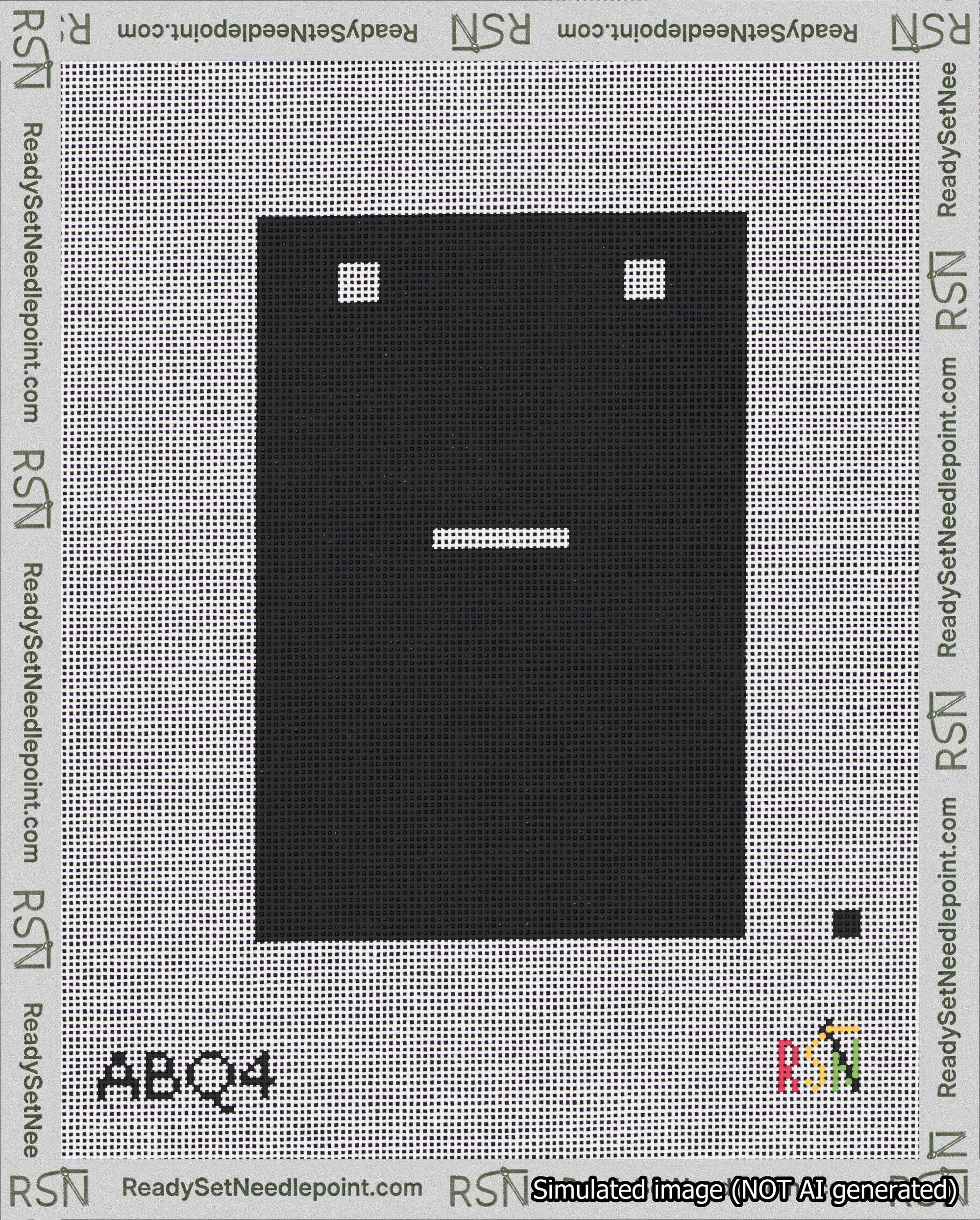 A taped needlepoint canvas with the design: Banner 18 mesh count Squared Dash White on Black.