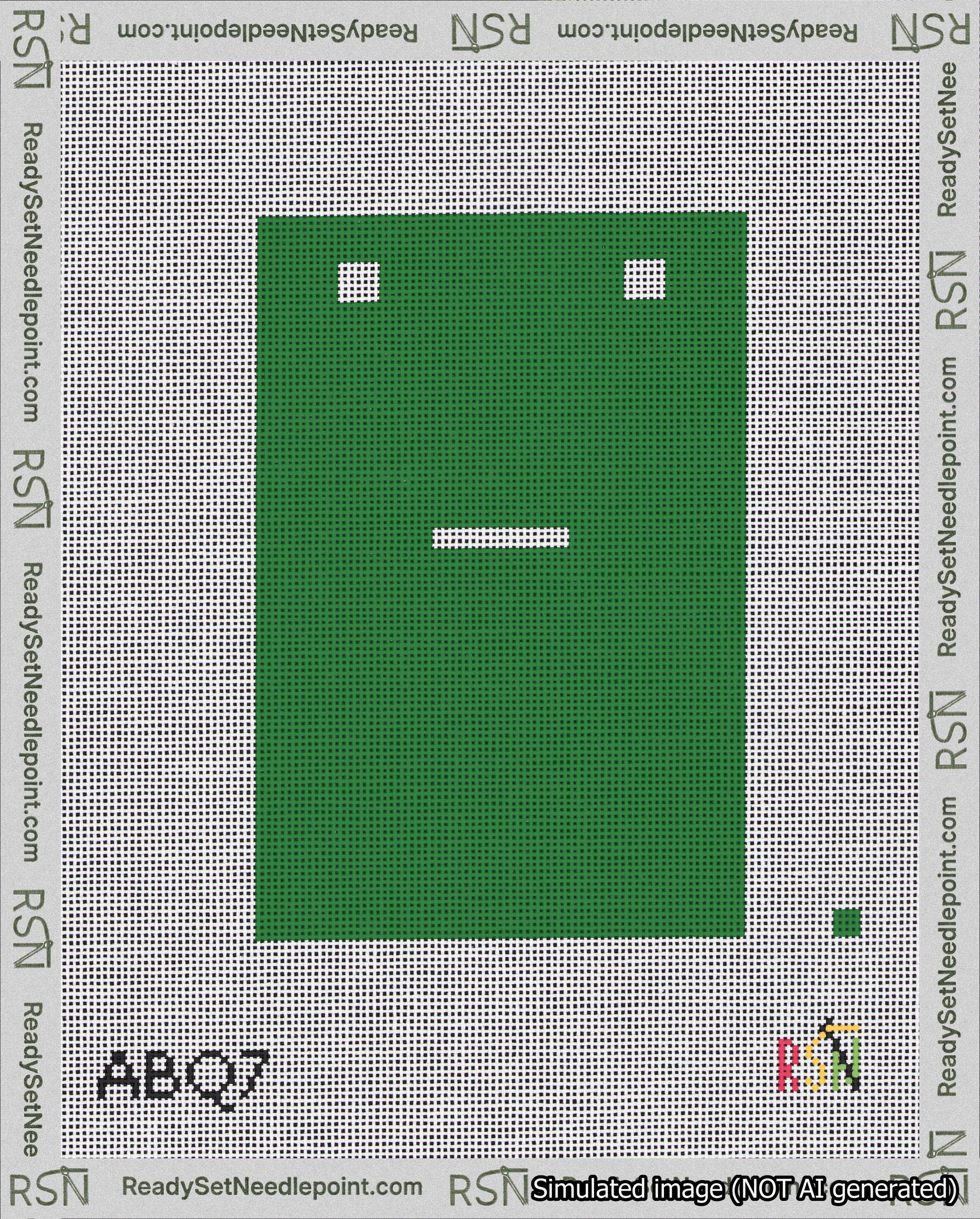 A taped needlepoint canvas with the design: Banner 18 mesh count Squared Dash White on Green.