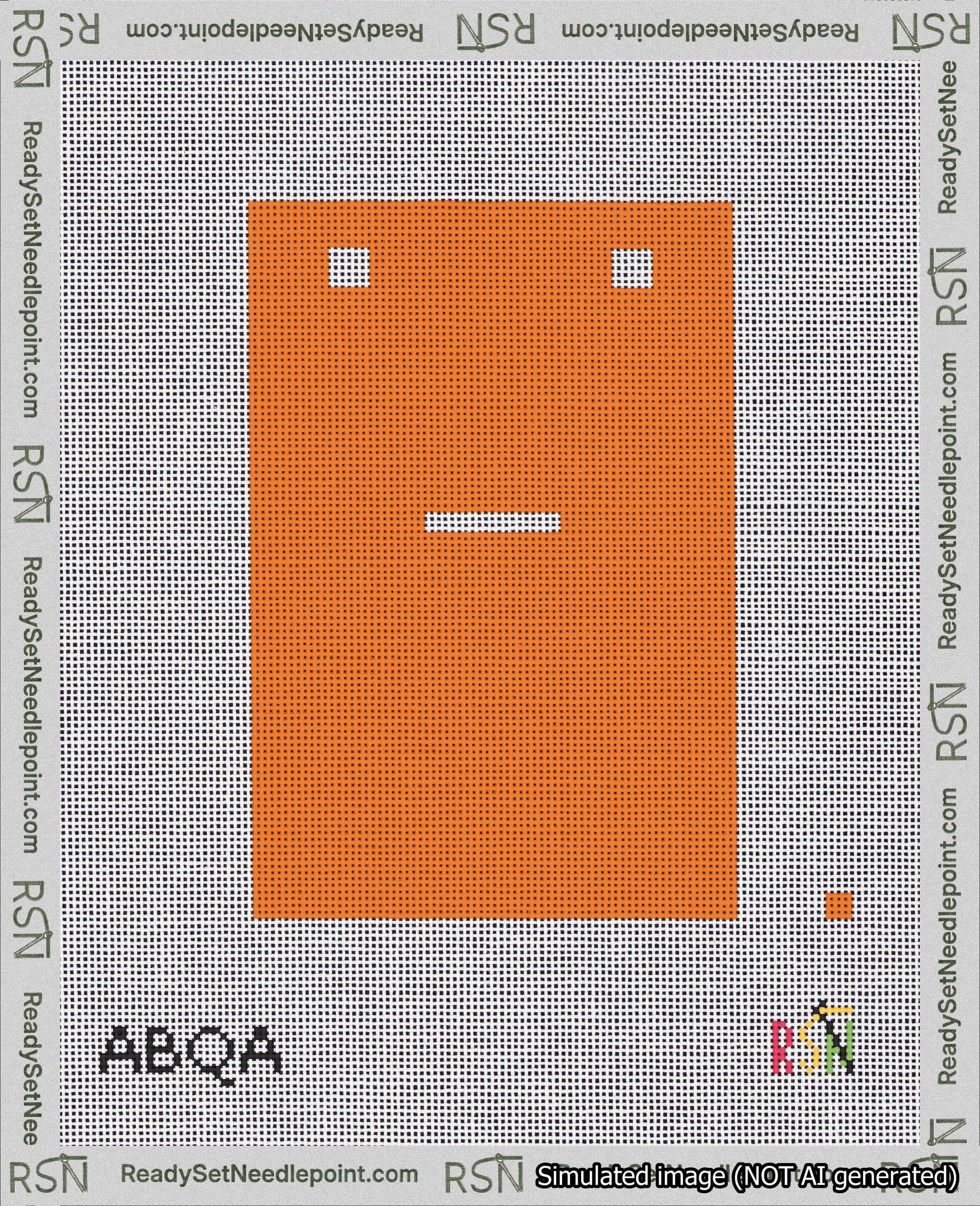 A taped needlepoint canvas with the design: Banner 18 mesh count Squared Dash White on Orange.
