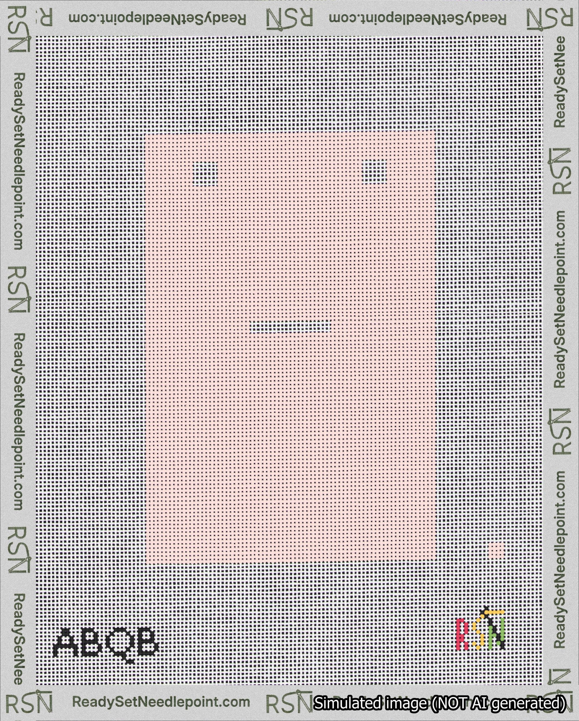A taped needlepoint canvas with the design: Banner 18 mesh count Squared Dash White on Pink.