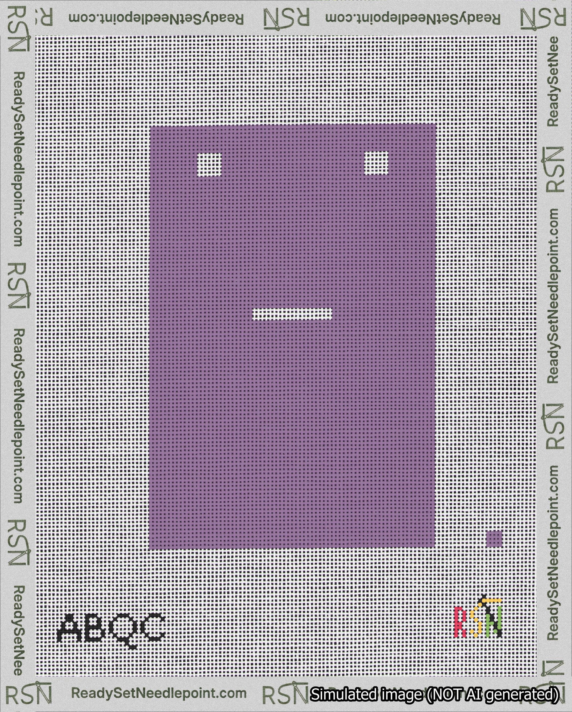 A taped needlepoint canvas with the design: Banner 18 mesh count Squared Dash White on Purple.