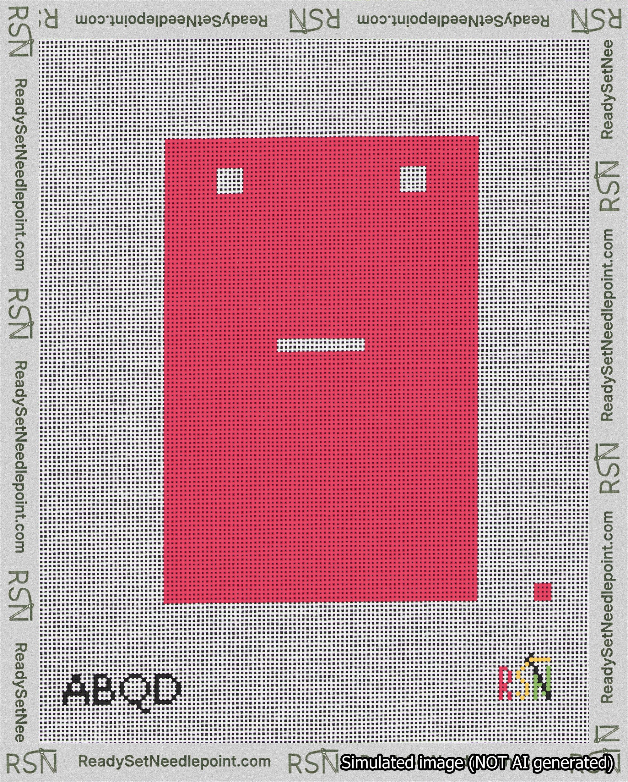 A taped needlepoint canvas with the design: Banner 18 mesh count Squared Dash White on Red.