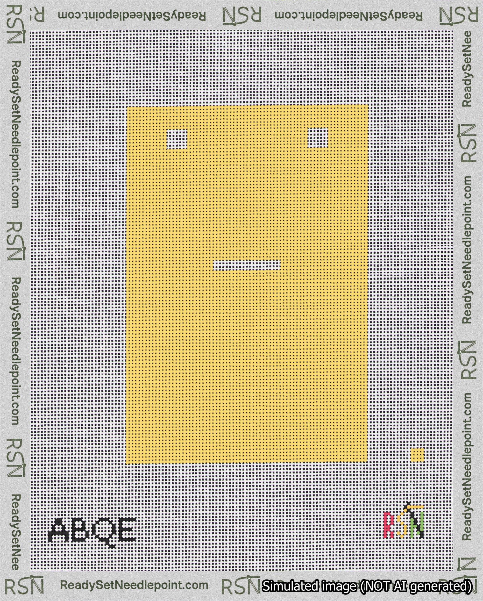 A taped needlepoint canvas with the design: Banner 18 mesh count Squared Dash White on Yellow.