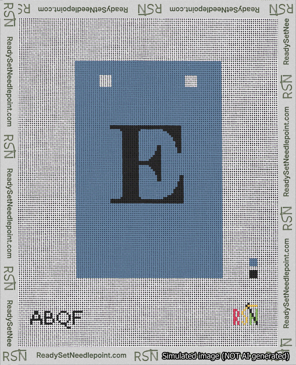 A taped needlepoint canvas with the design: Banner 18 mesh count Squared E Black on Blue.