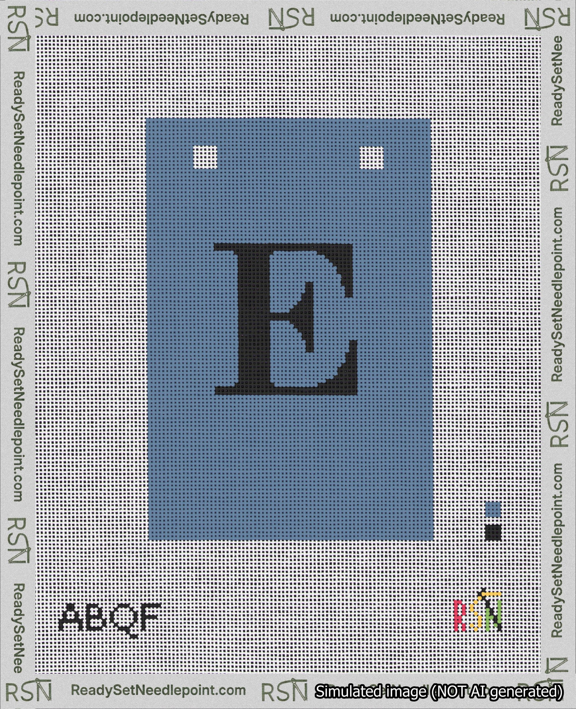 A taped needlepoint canvas with the design: Banner 18 mesh count Squared E Black on Blue.