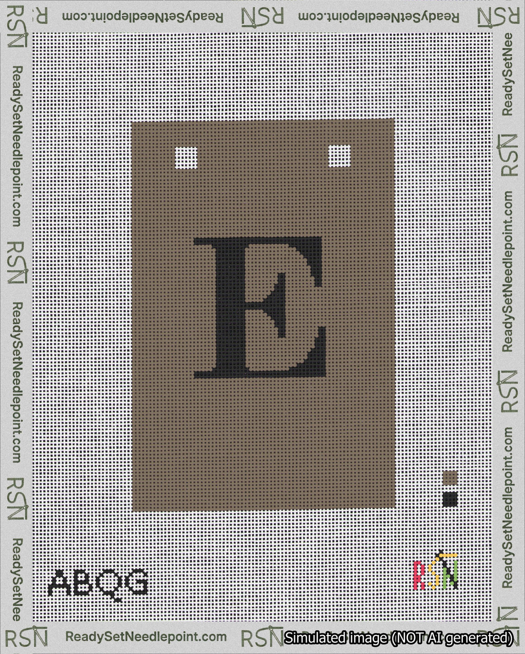 A taped needlepoint canvas with the design: Banner 18 mesh count Squared E Black on Brown.