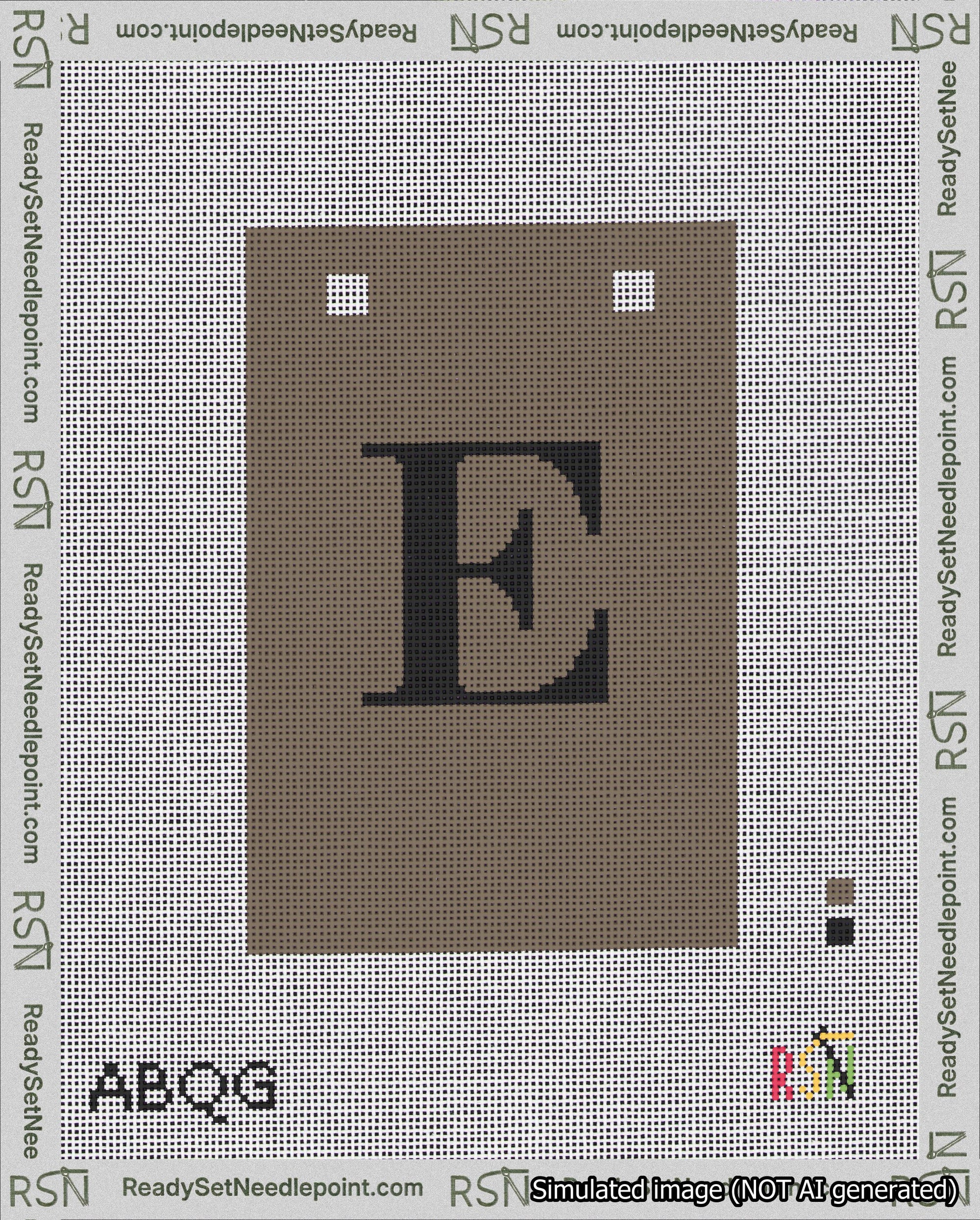 A taped needlepoint canvas with the design: Banner 18 mesh count Squared E Black on Brown.