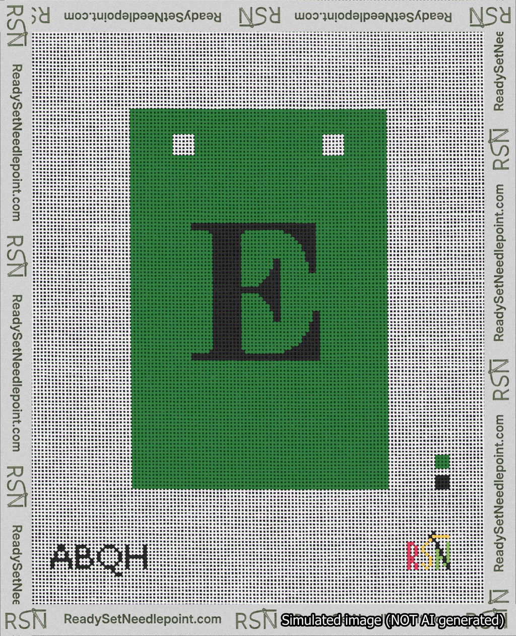 A taped needlepoint canvas with the design: Banner 18 mesh count Squared E Black on Green.