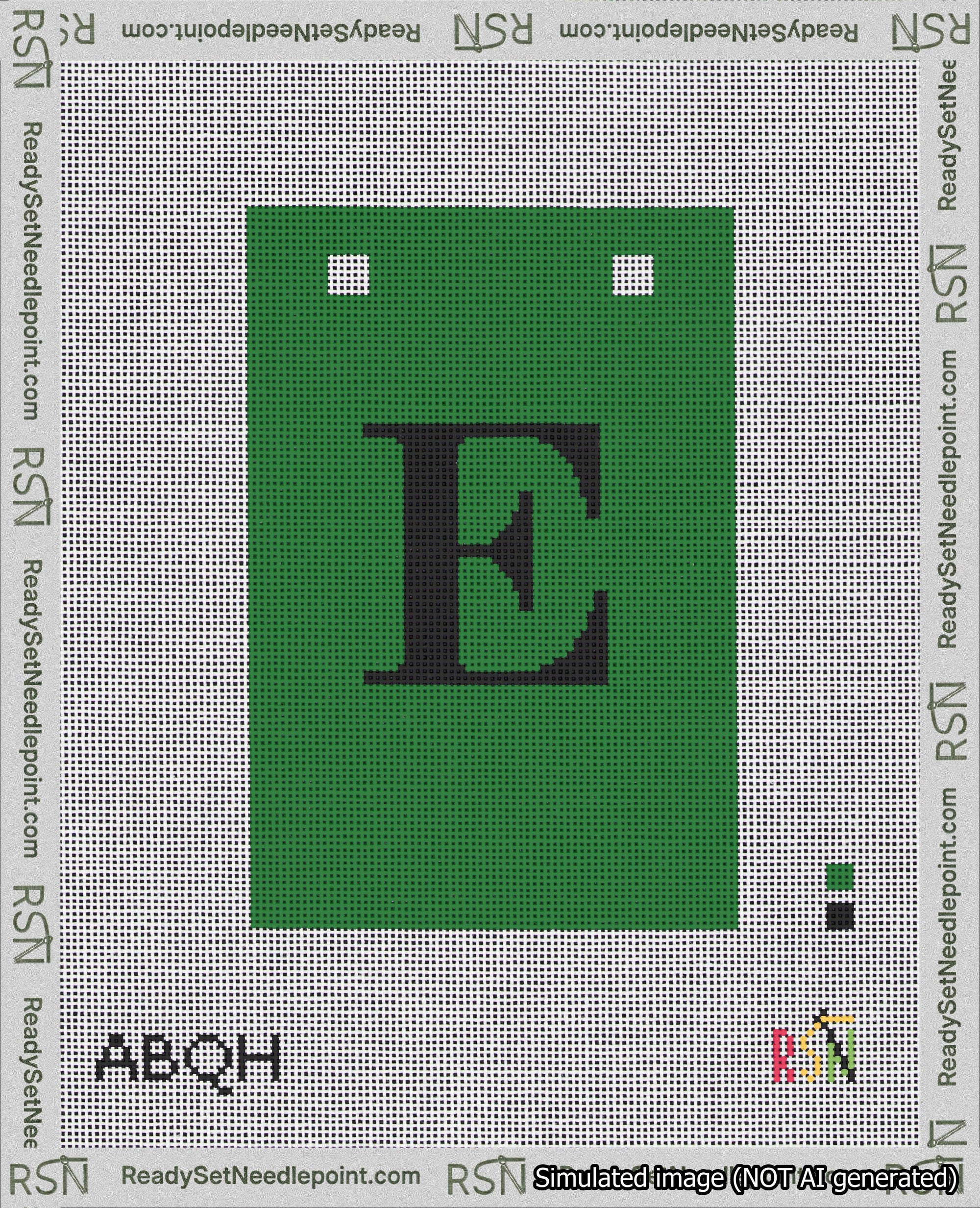 A taped needlepoint canvas with the design: Banner 18 mesh count Squared E Black on Green.