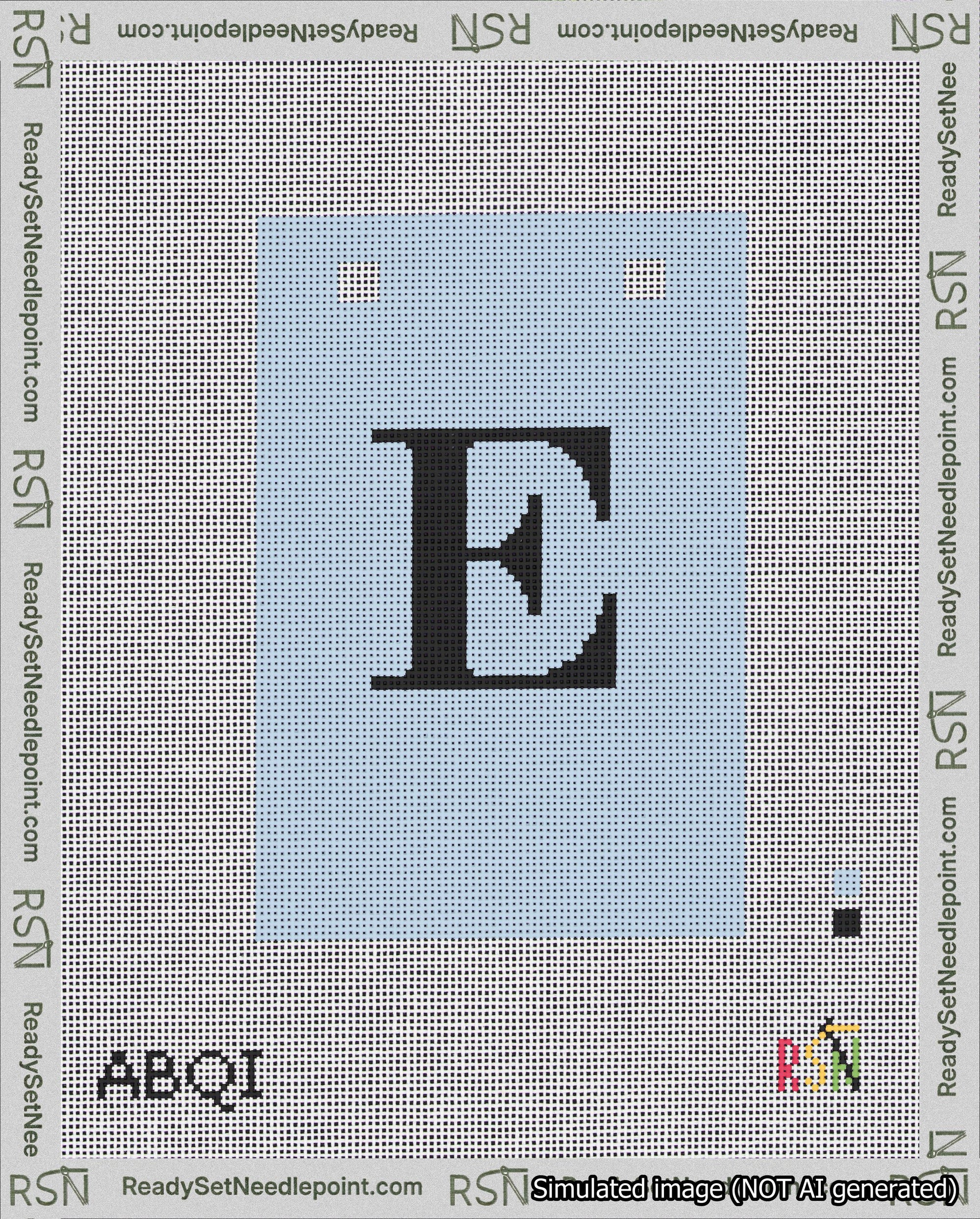 A taped needlepoint canvas with the design: Banner 18 mesh count Squared E Black on Light Blue.