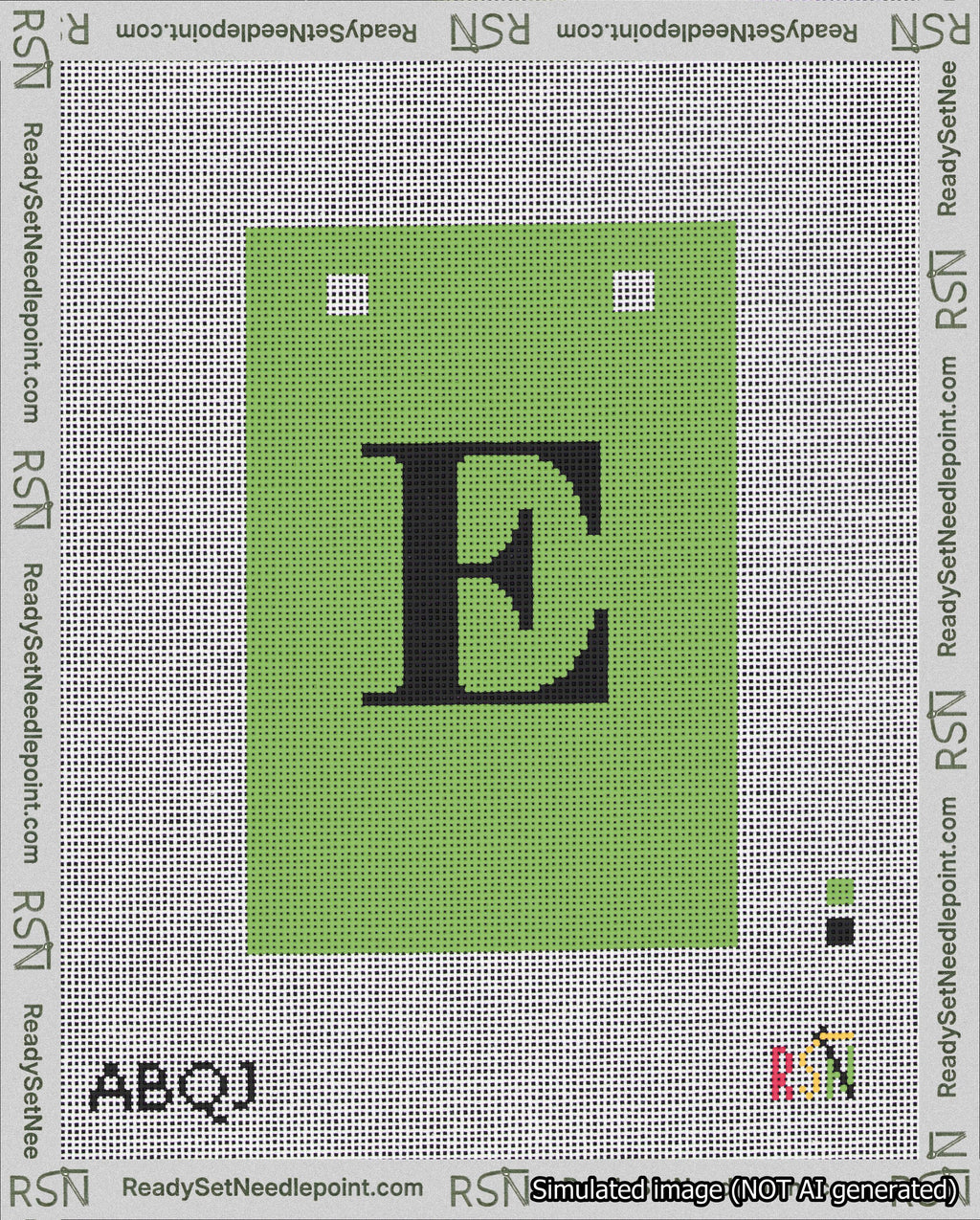 A taped needlepoint canvas with the design: Banner 18 mesh count Squared E Black on Light Green.