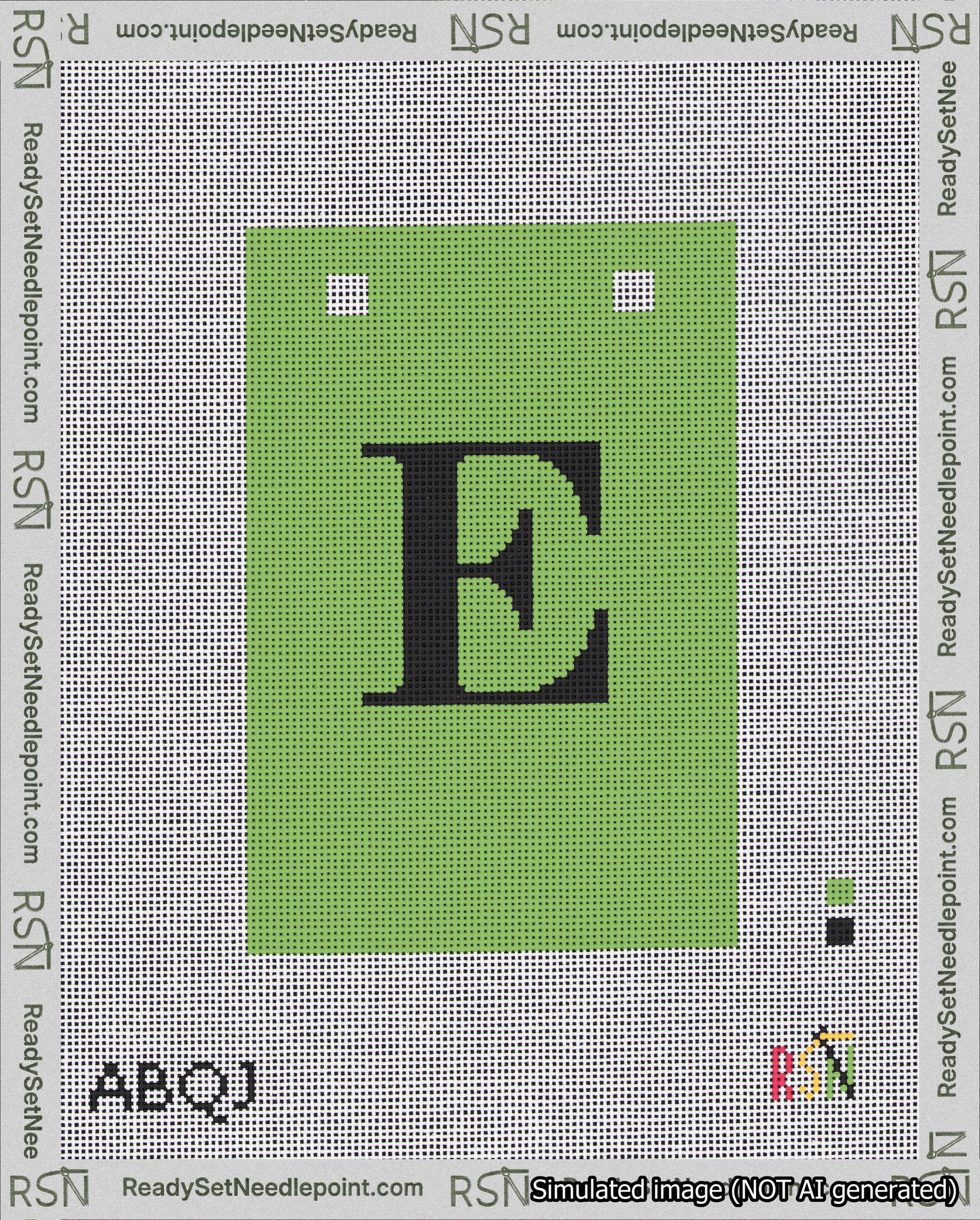 A taped needlepoint canvas with the design: Banner 18 mesh count Squared E Black on Light Green.