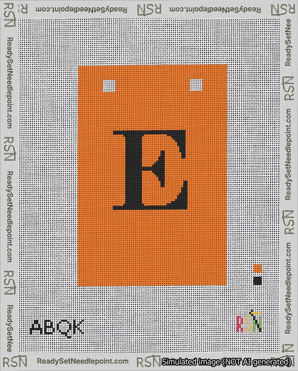 A taped needlepoint canvas with the design: Banner 18 mesh count Squared E Black on Orange.