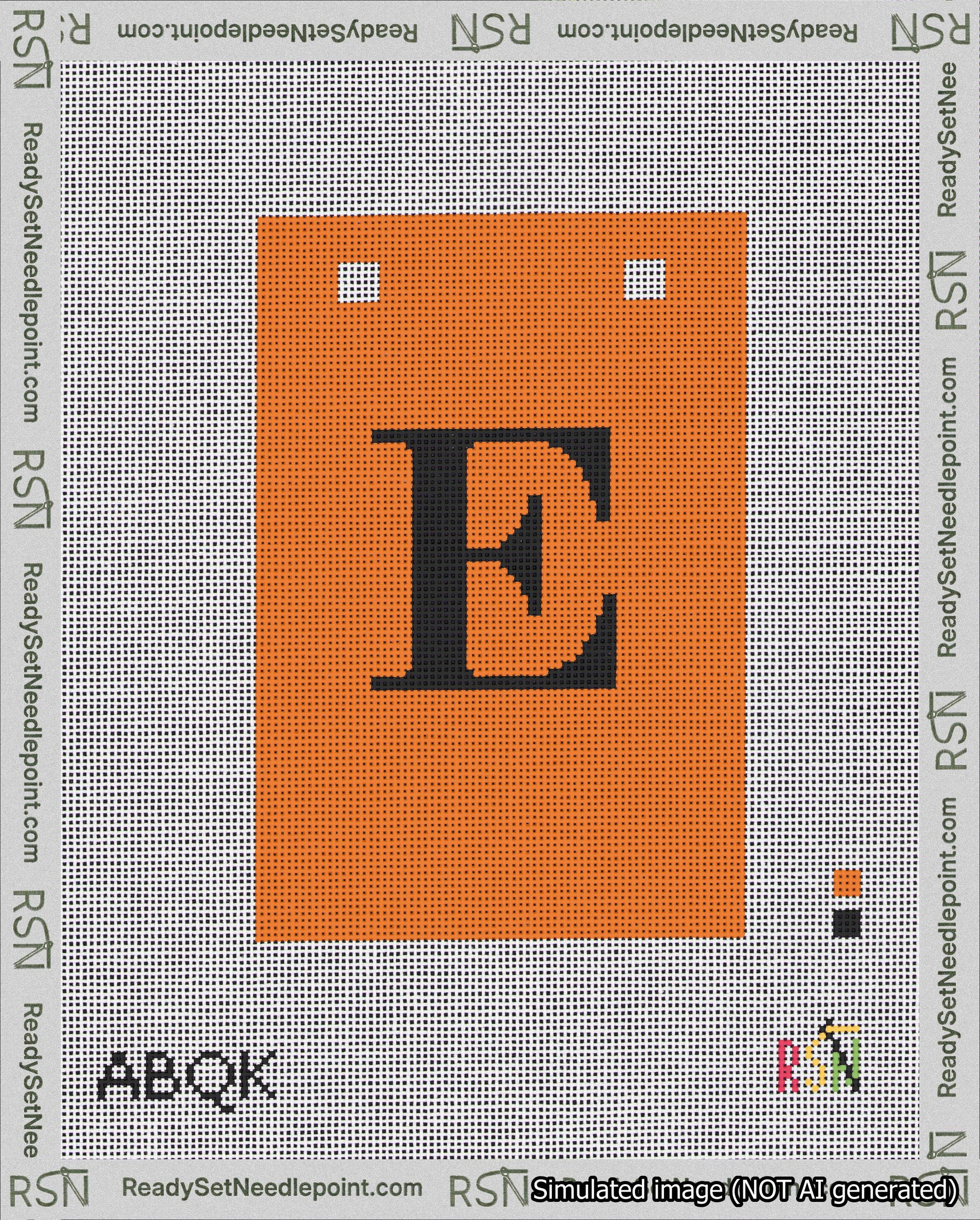 A taped needlepoint canvas with the design: Banner 18 mesh count Squared E Black on Orange.