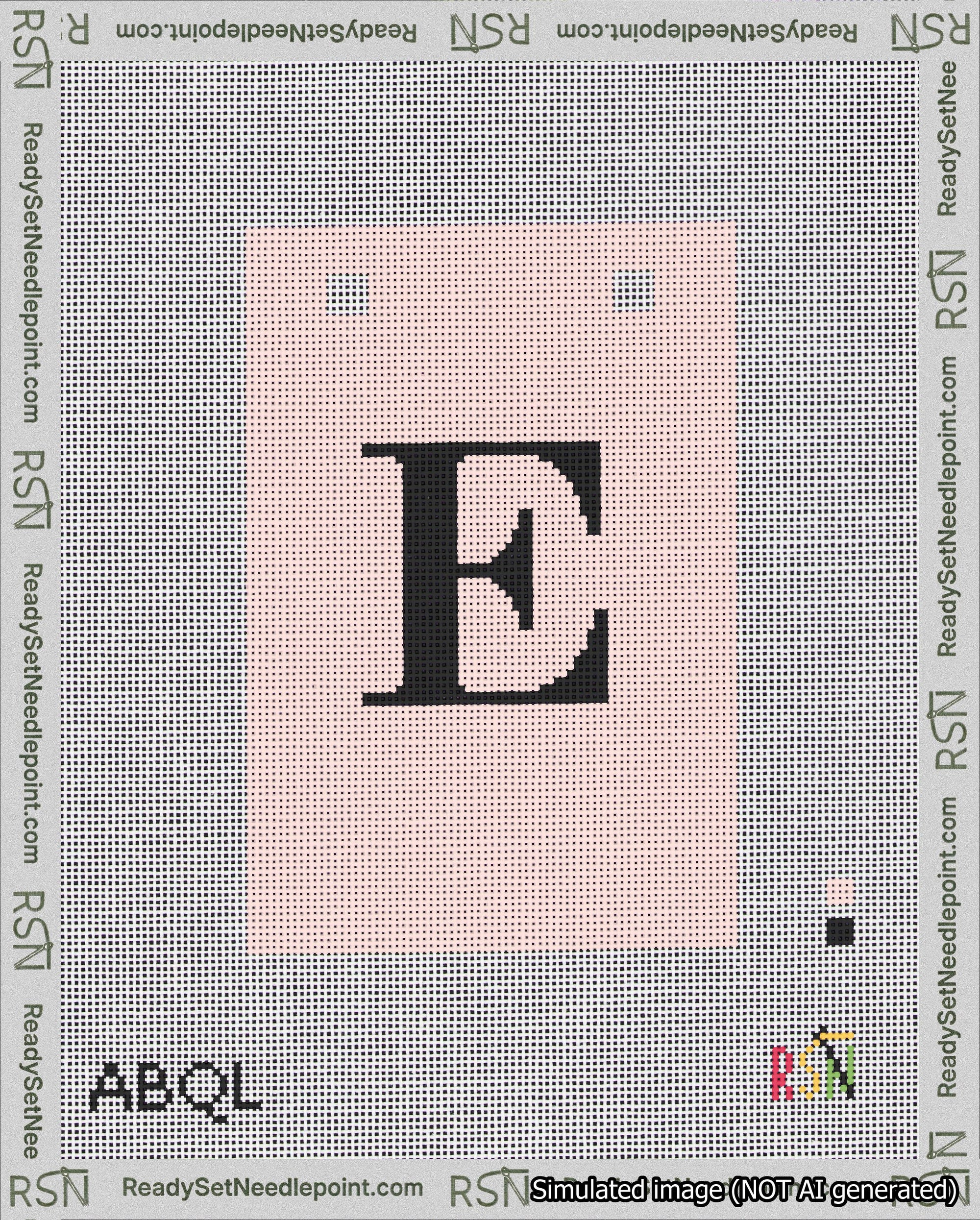 A taped needlepoint canvas with the design: Banner 18 mesh count Squared E Black on Pink.