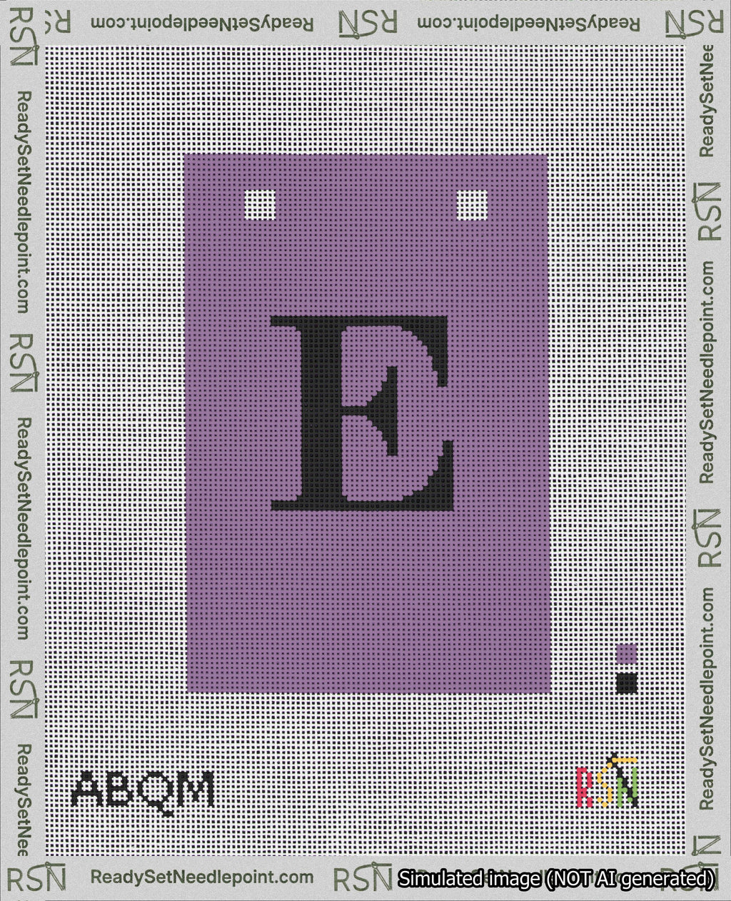 A taped needlepoint canvas with the design: Banner 18 mesh count Squared E Black on Purple.