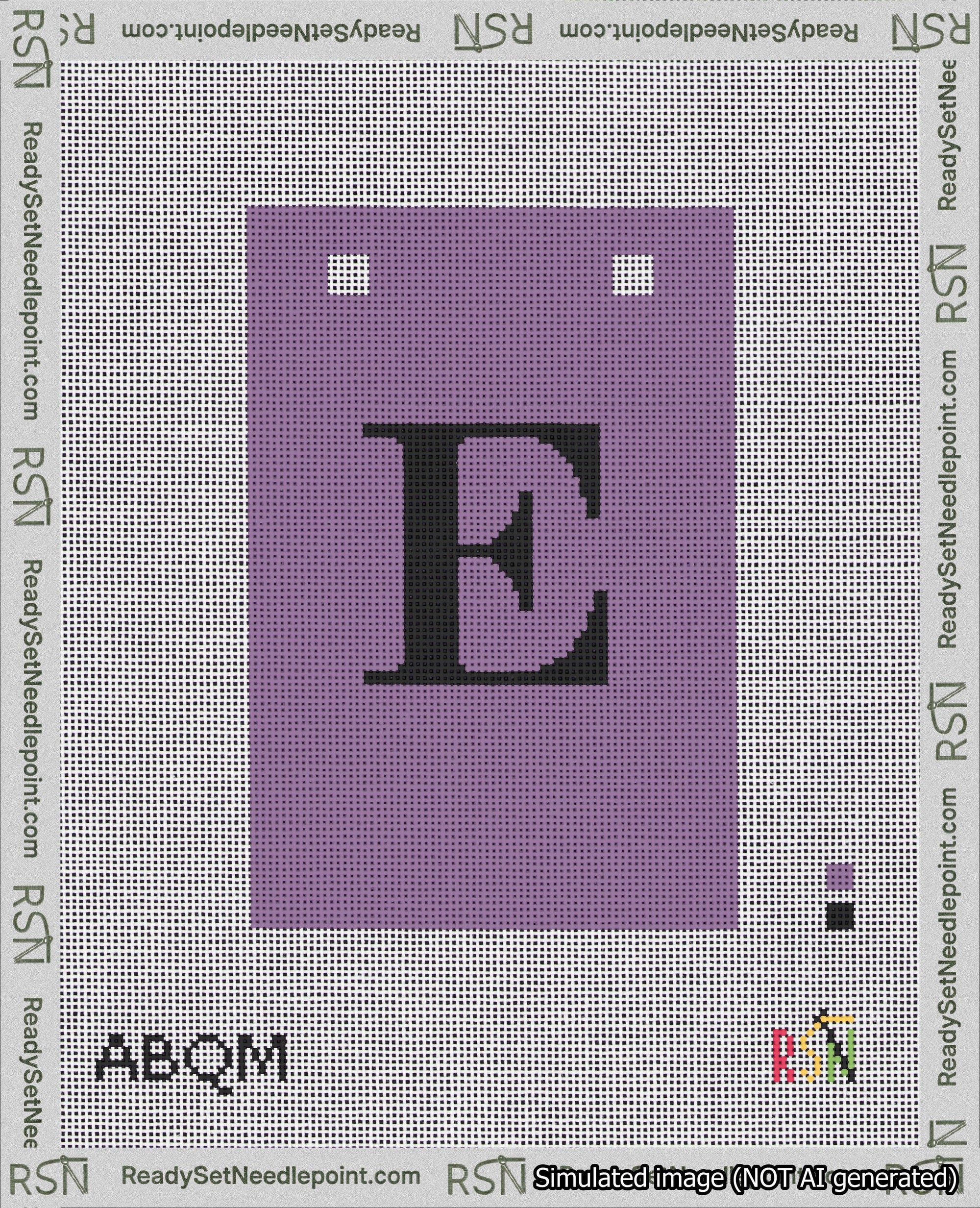 A taped needlepoint canvas with the design: Banner 18 mesh count Squared E Black on Purple.