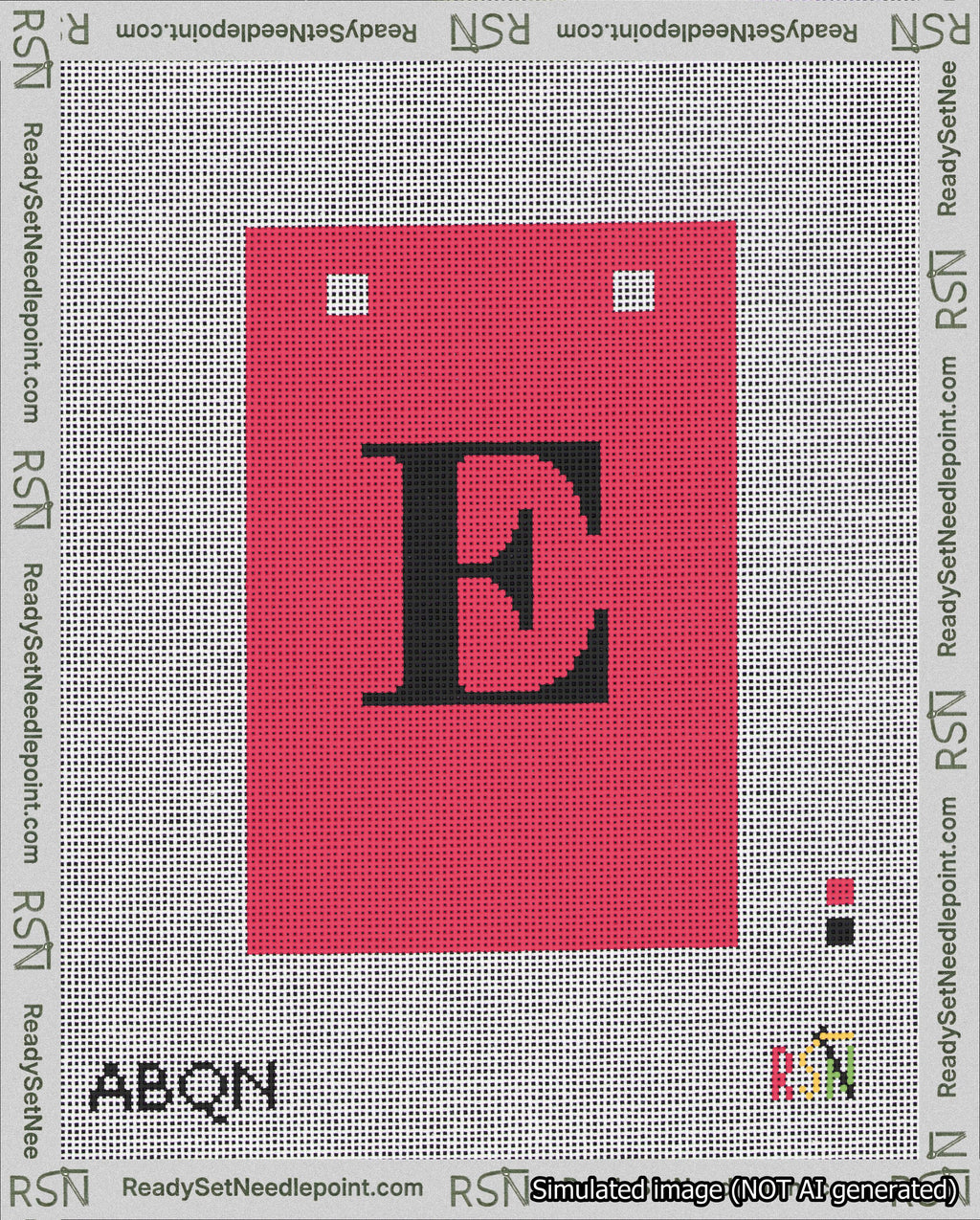 A taped needlepoint canvas with the design: Banner 18 mesh count Squared E Black on Red.