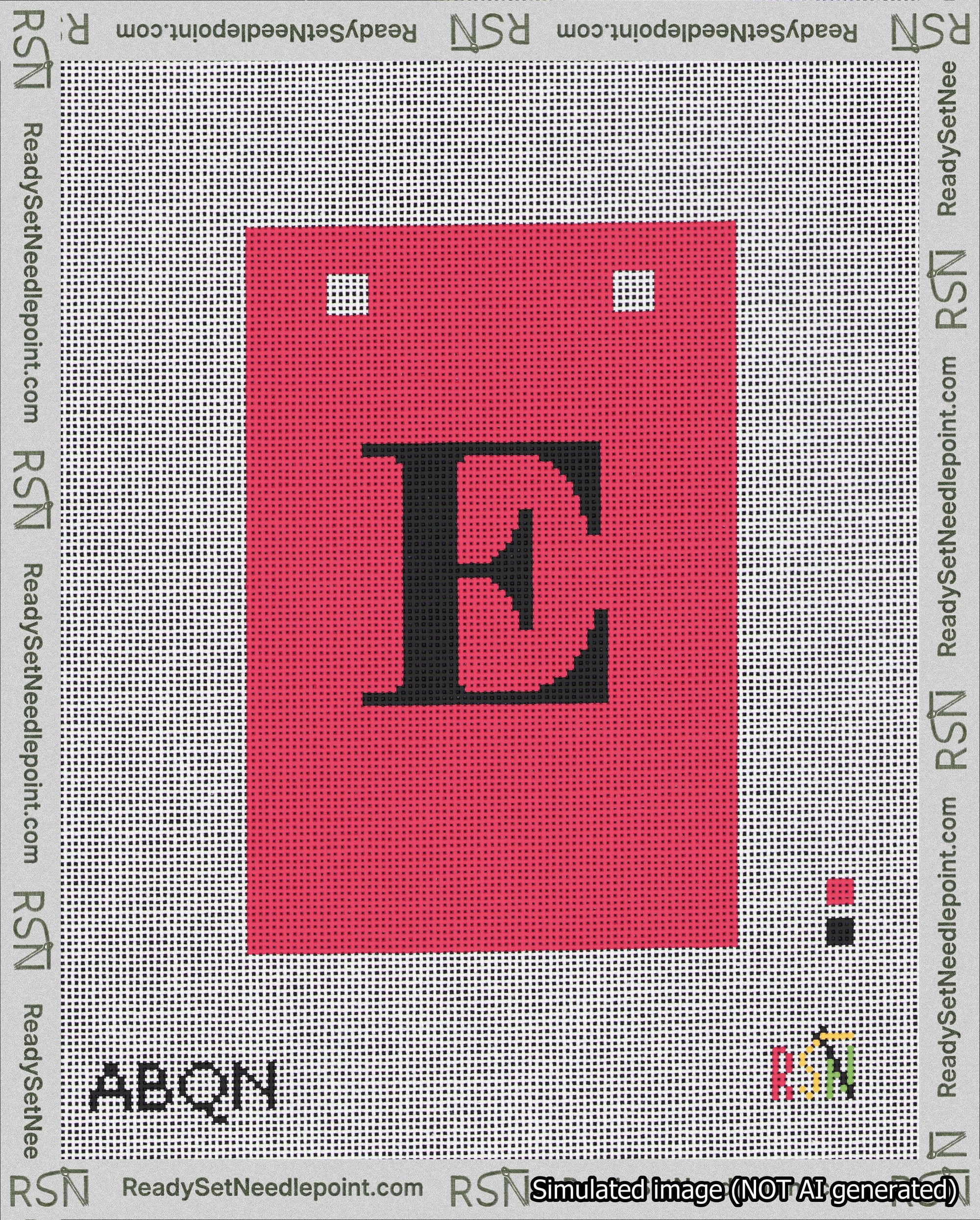 A taped needlepoint canvas with the design: Banner 18 mesh count Squared E Black on Red.