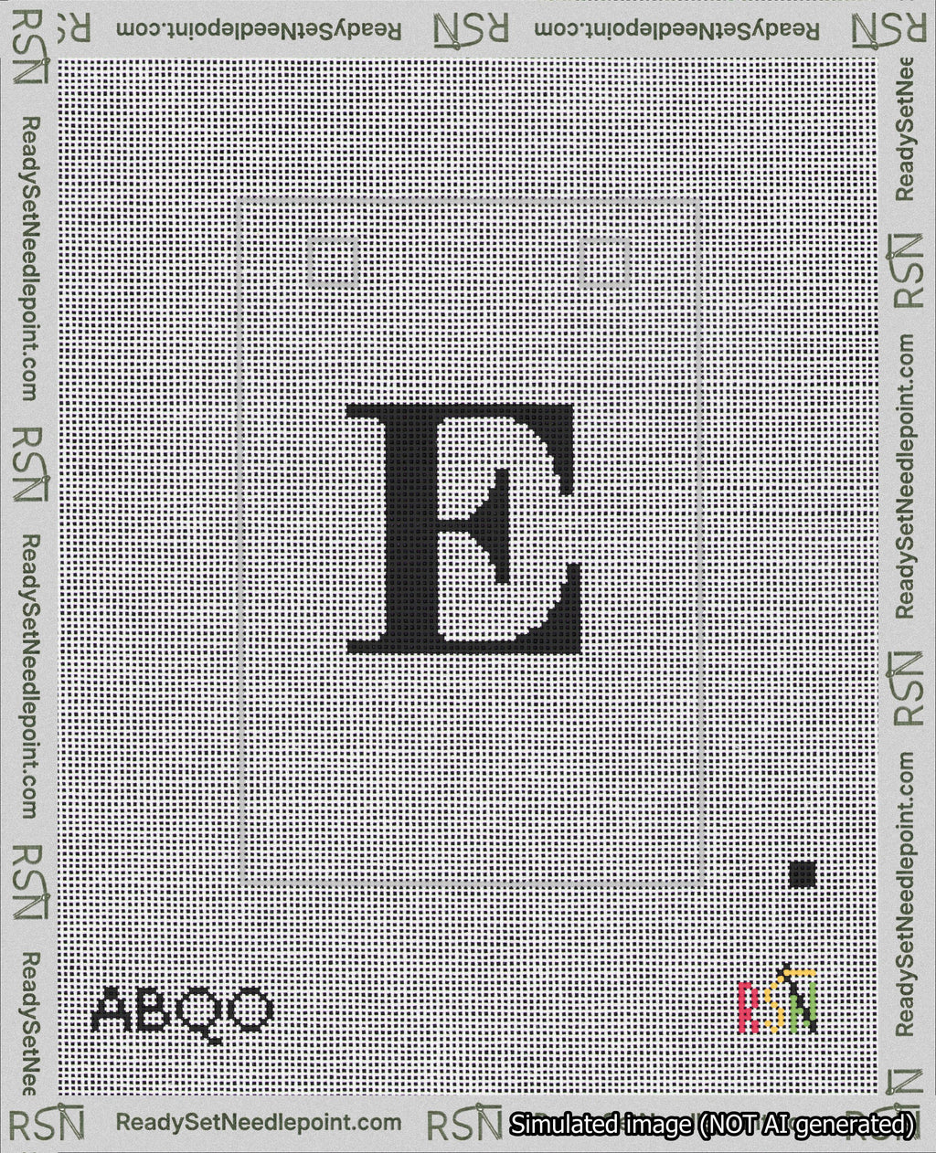 A taped needlepoint canvas with the design: Banner 18 mesh count Squared E Black on White.