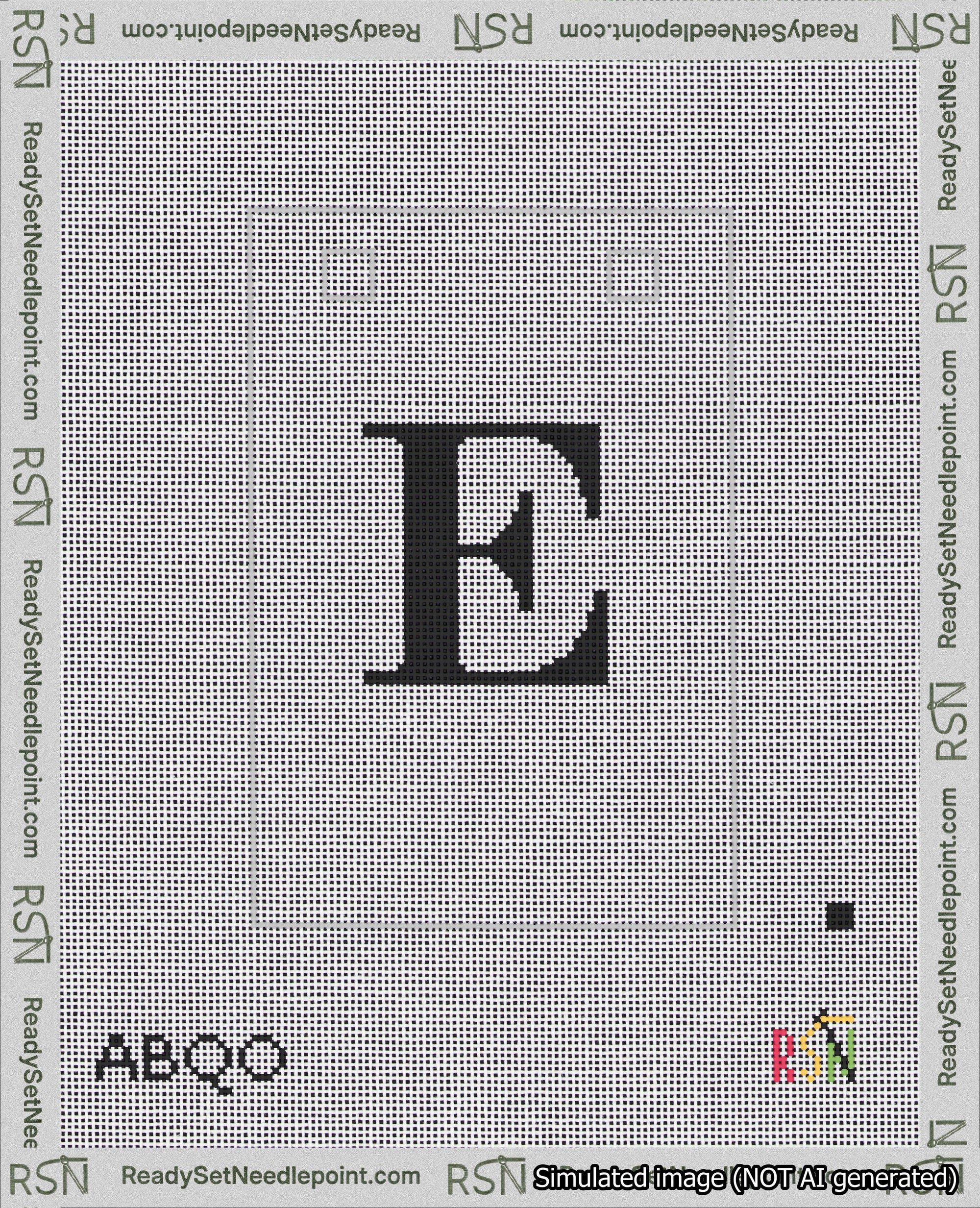 A taped needlepoint canvas with the design: Banner 18 mesh count Squared E Black on White.