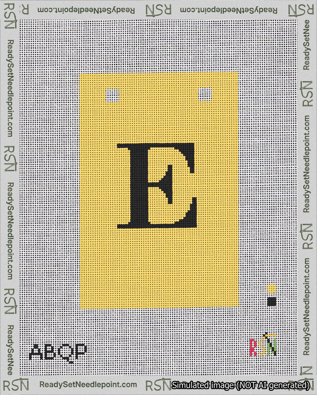 A taped needlepoint canvas with the design: Banner 18 mesh count Squared E Black on Yellow.
