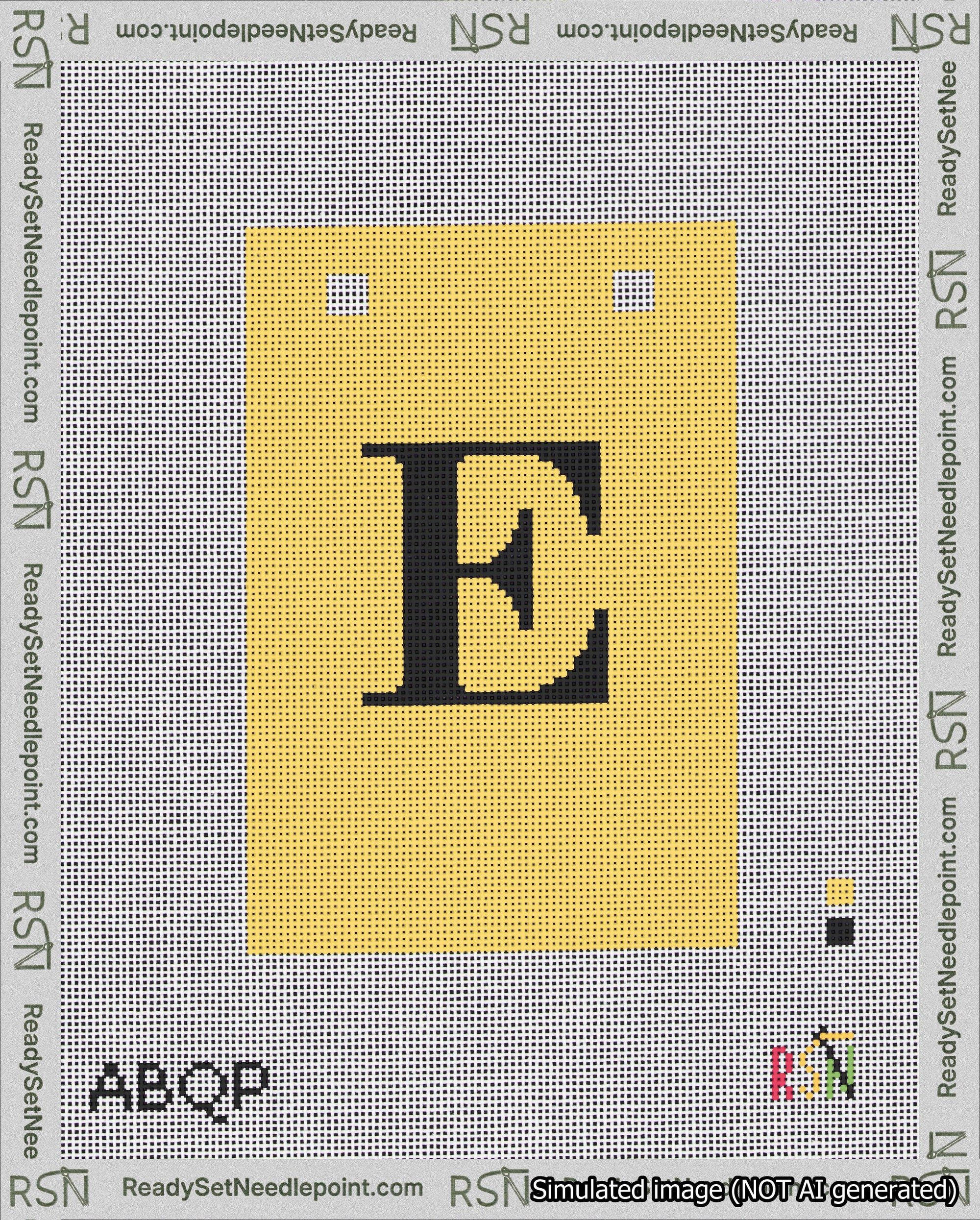 A taped needlepoint canvas with the design: Banner 18 mesh count Squared E Black on Yellow.
