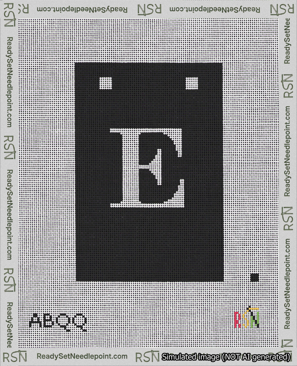 A taped needlepoint canvas with the design: Banner 18 mesh count Squared E White on Black.