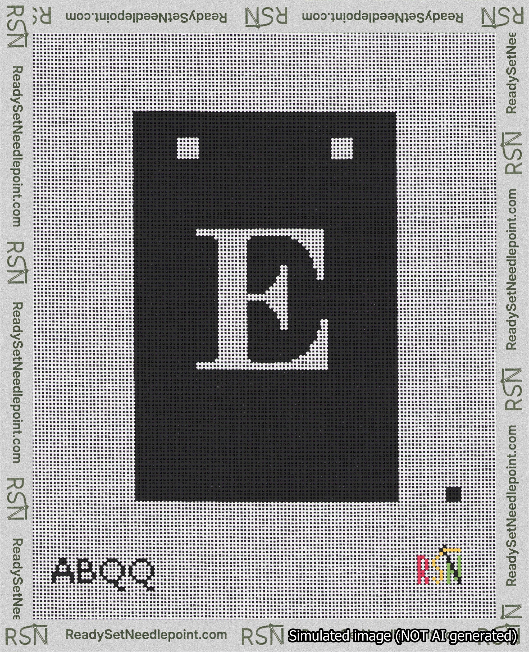 A taped needlepoint canvas with the design: Banner 18 mesh count Squared E White on Black.