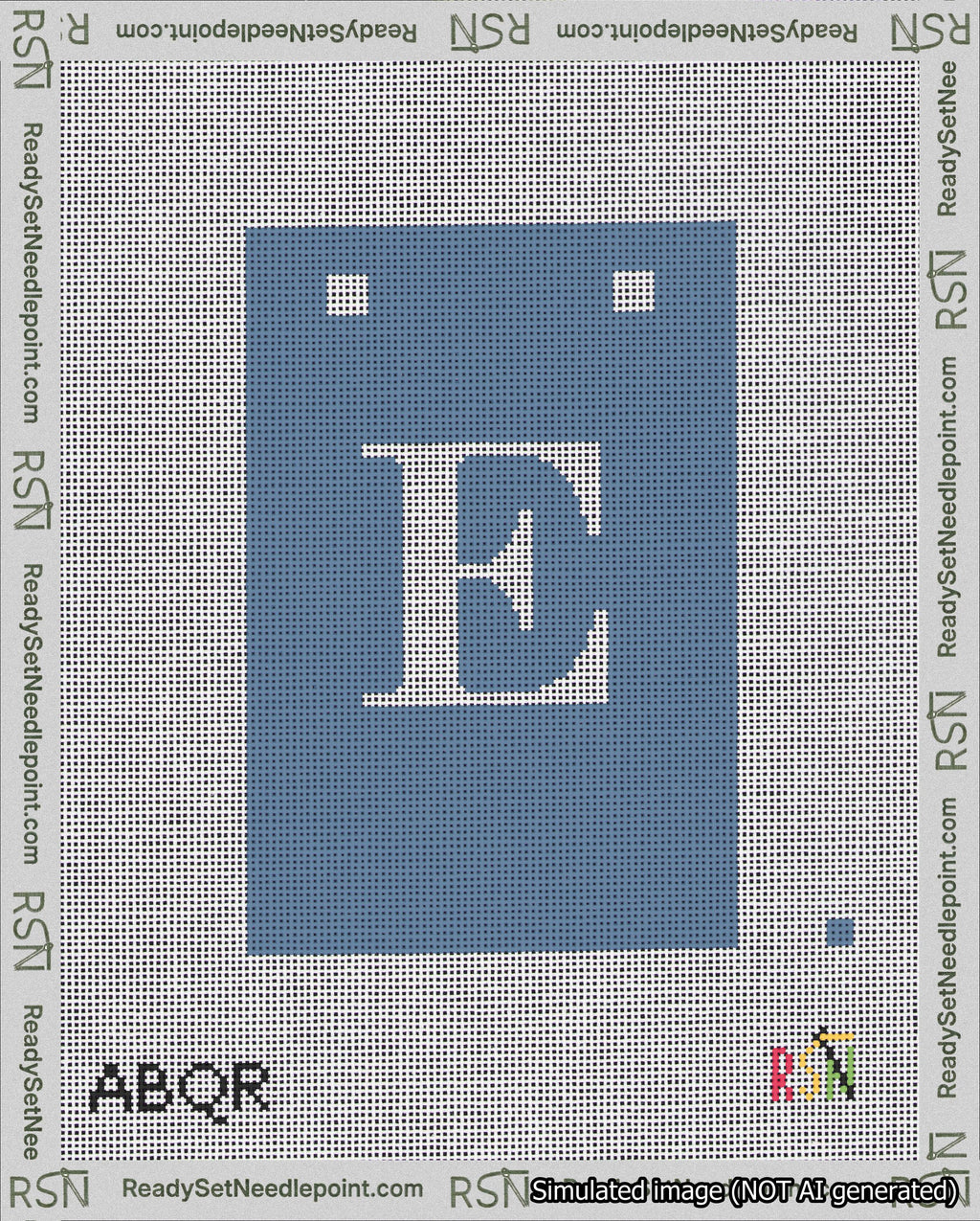 A taped needlepoint canvas with the design: Banner 18 mesh count Squared E White on Blue.