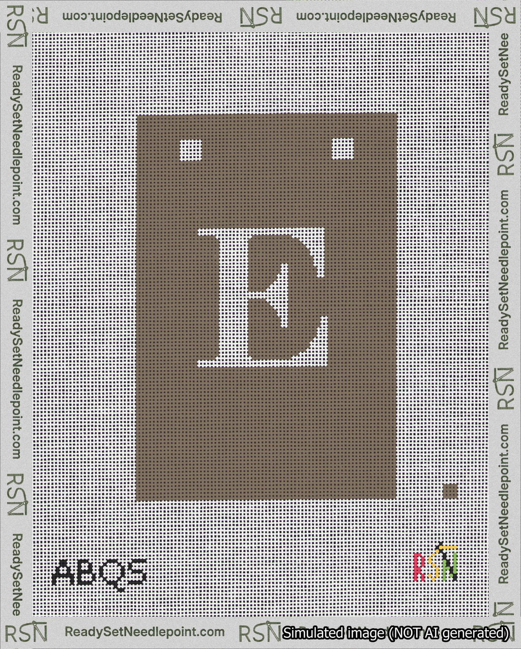 A taped needlepoint canvas with the design: Banner 18 mesh count Squared E White on Brown.