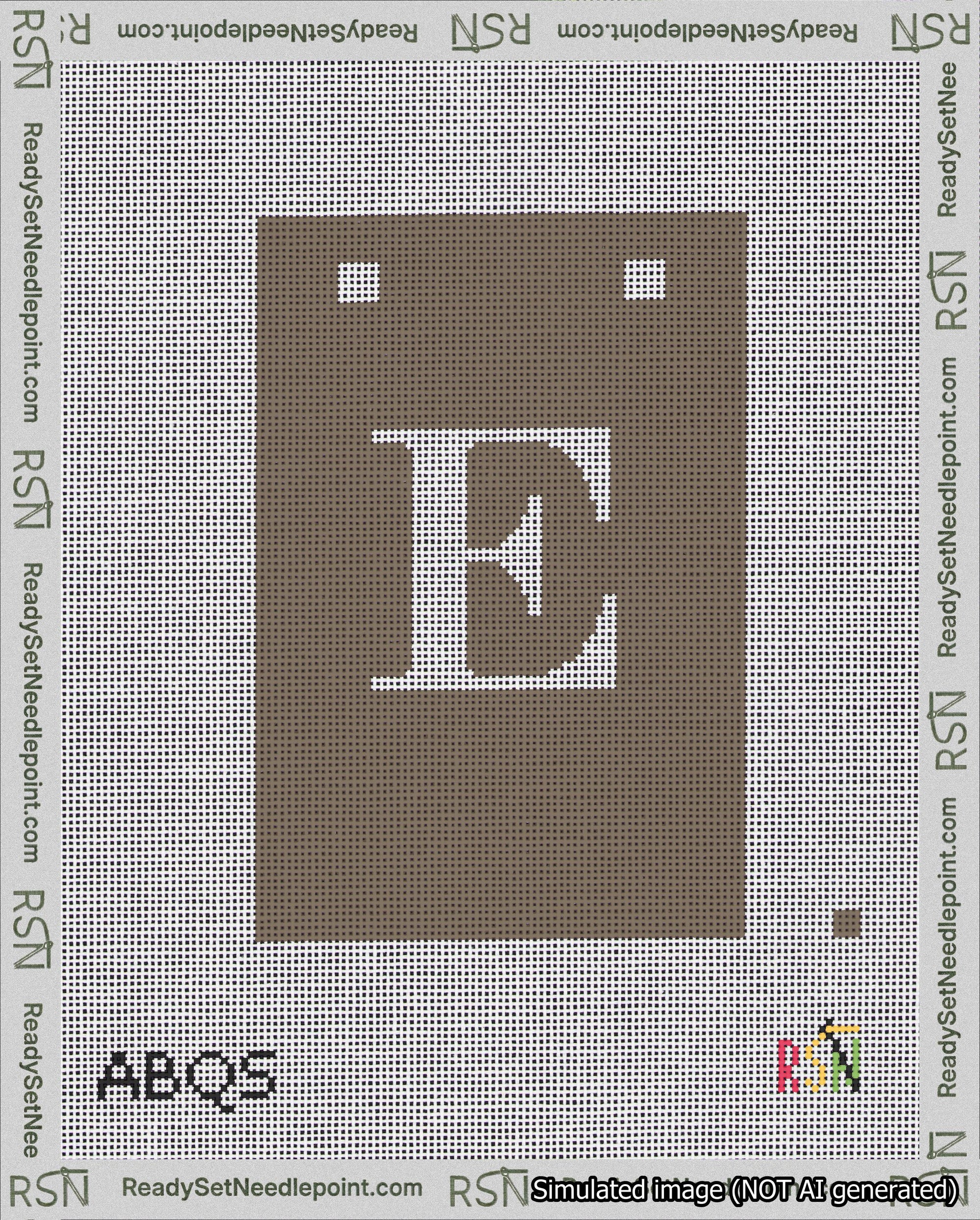 A taped needlepoint canvas with the design: Banner 18 mesh count Squared E White on Brown.