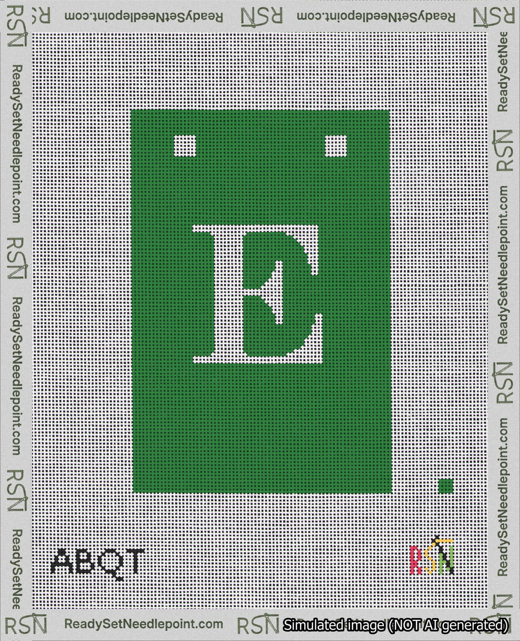 A taped needlepoint canvas with the design: Banner 18 mesh count Squared E White on Green.