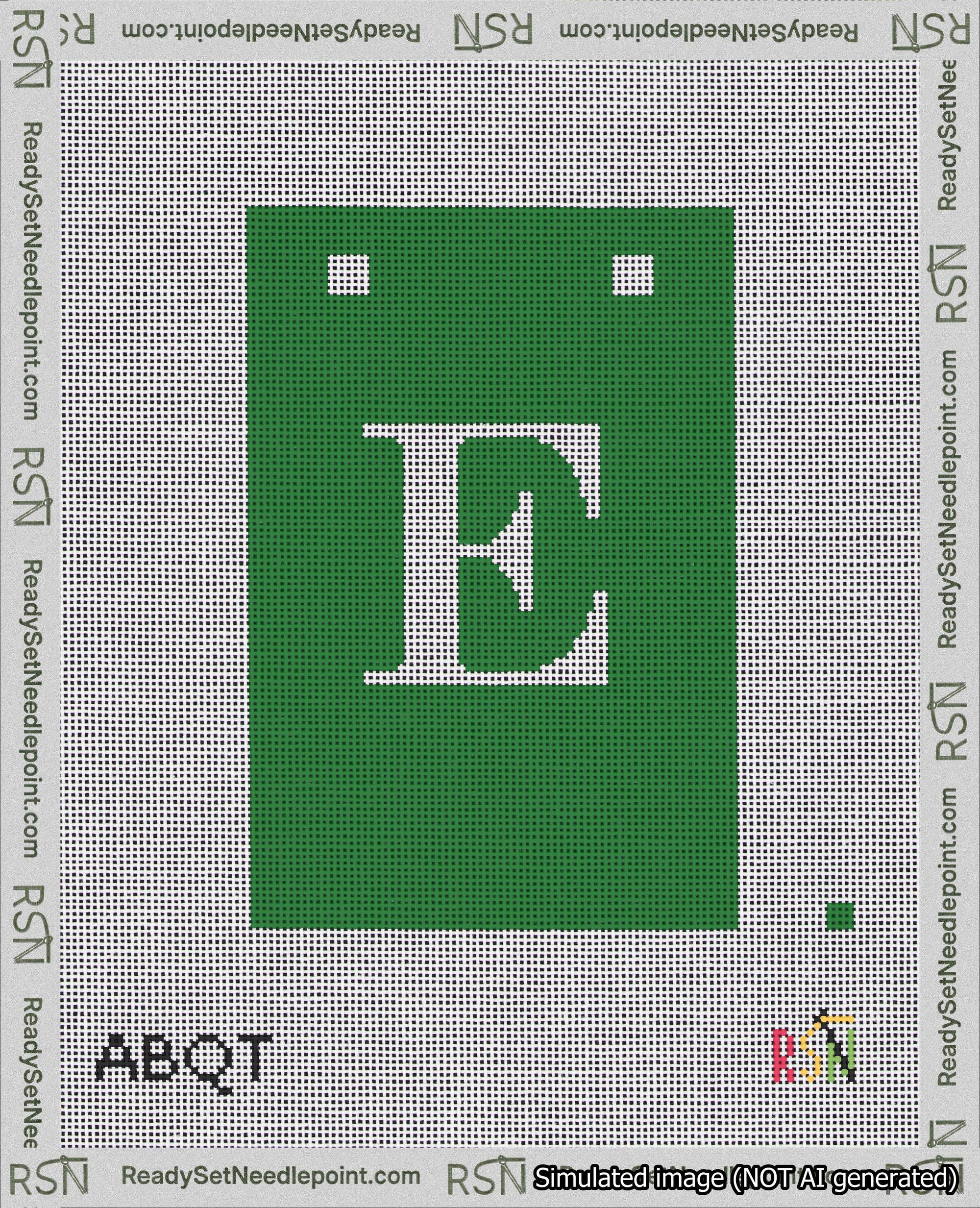 A taped needlepoint canvas with the design: Banner 18 mesh count Squared E White on Green.