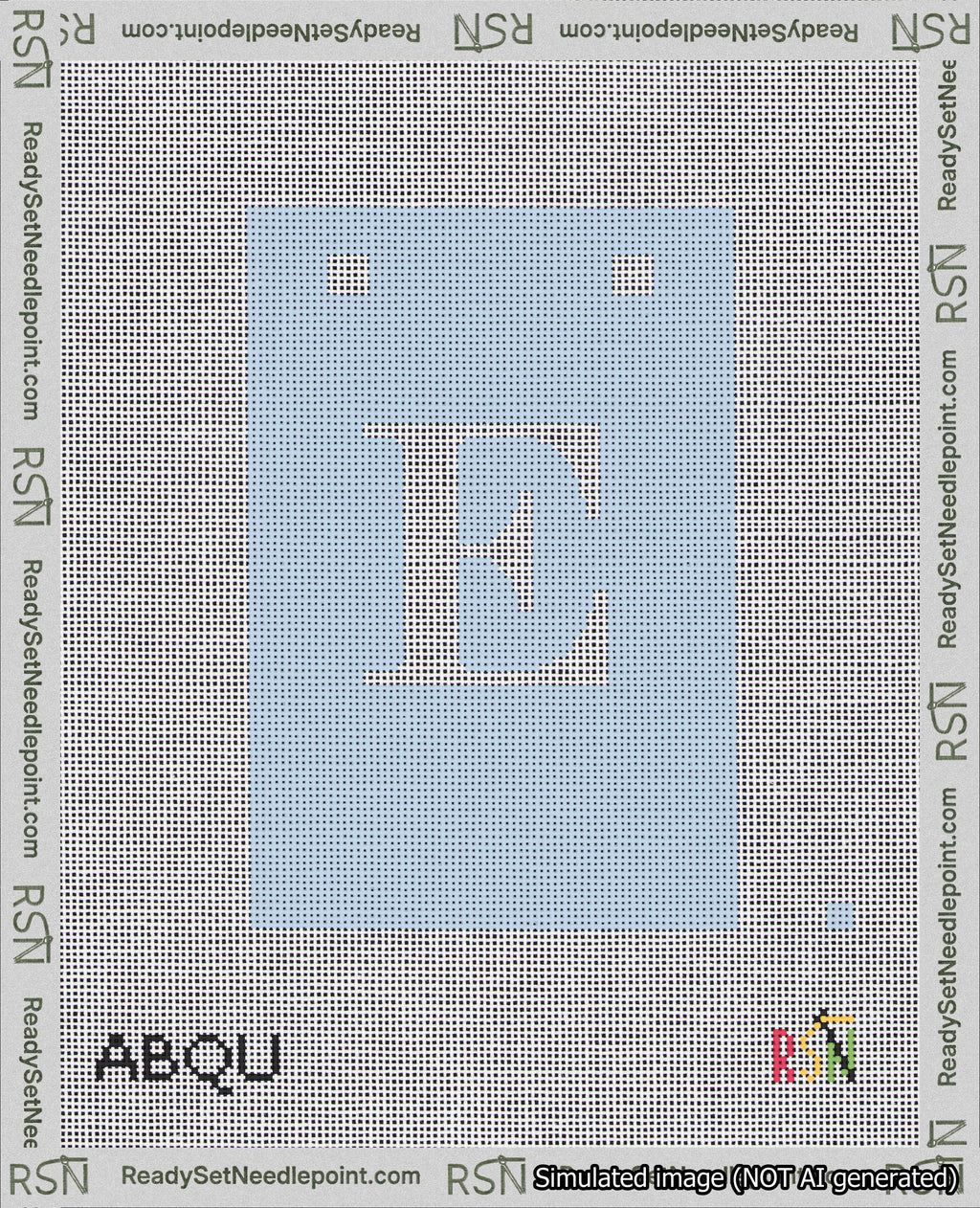 A taped needlepoint canvas with the design: Banner 18 mesh count Squared E White on Light Blue.