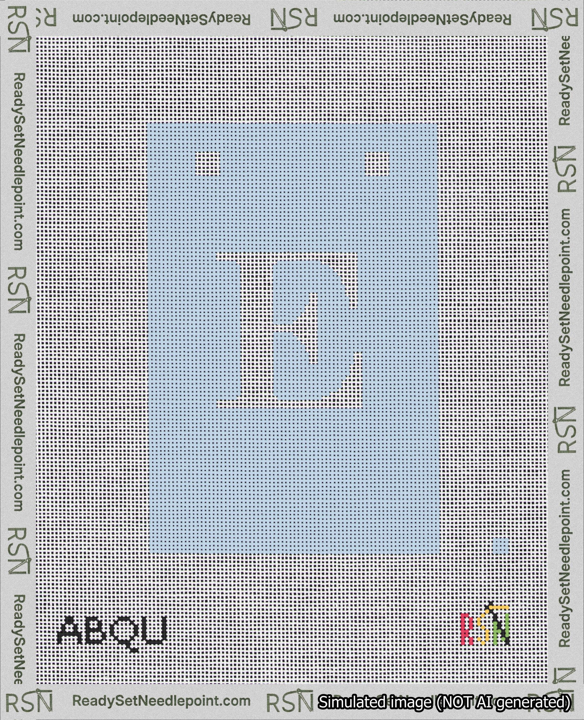 A taped needlepoint canvas with the design: Banner 18 mesh count Squared E White on Light Blue.