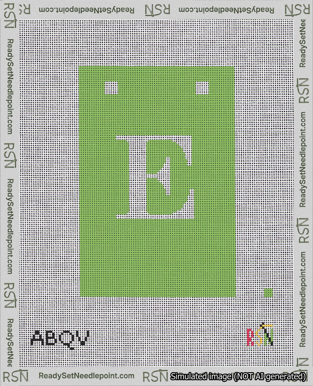 A taped needlepoint canvas with the design: Banner 18 mesh count Squared E White on Light Green.